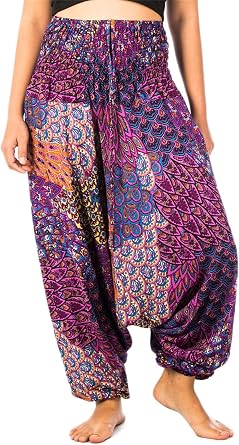 LOFBAZ Yoga Harem Pants for Women Boho Hippie Bohemian Clothing Womens Indian Beach Gypsy Clothes Maternity Genie Jumpsuit Peacock 1 Purple 2XL