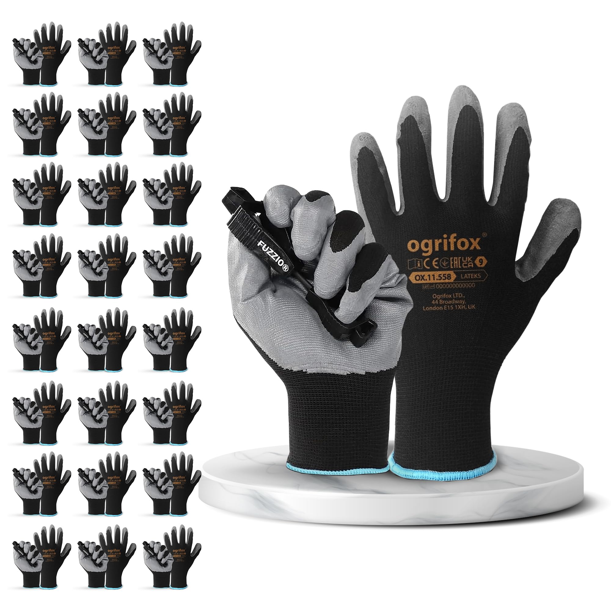 FUZZIO 24 Paar Arbeitshandschuhe Herren, Mechaniker Handschuhe Schwarz, Gartenhandschuhe Herren, Arbeitshandschuhe Damen Gr 7, Montagehandschuhe, Latex Beschichtung mit Handschuhclip Fashion
