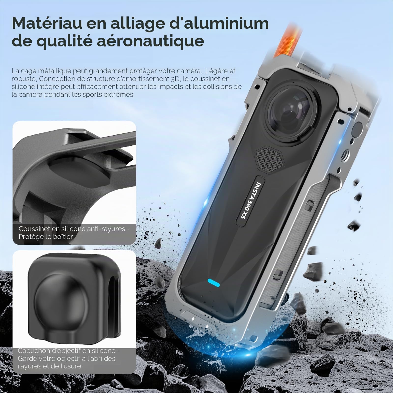 REYGEAK pour Insta360 X5 Cadre d'utilité,Cage de caméra en Aluminium pour Insta360 X5,Boîtier Protecteur avec Couvercle de lentille en Silicone,Boîtier Protecteur avec 1/4 Fil Doits pliants