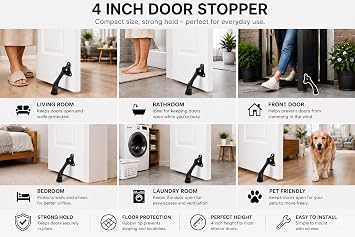 HOME&I 4 Kick Down Door Stopper, Zinc Alloy Door Stop with Leaf Spring & Non-Slip Saw-Tooth Rubber Foot, Screw Mount Door Holder for Wood, Tile, Carpet & Concrete Floors