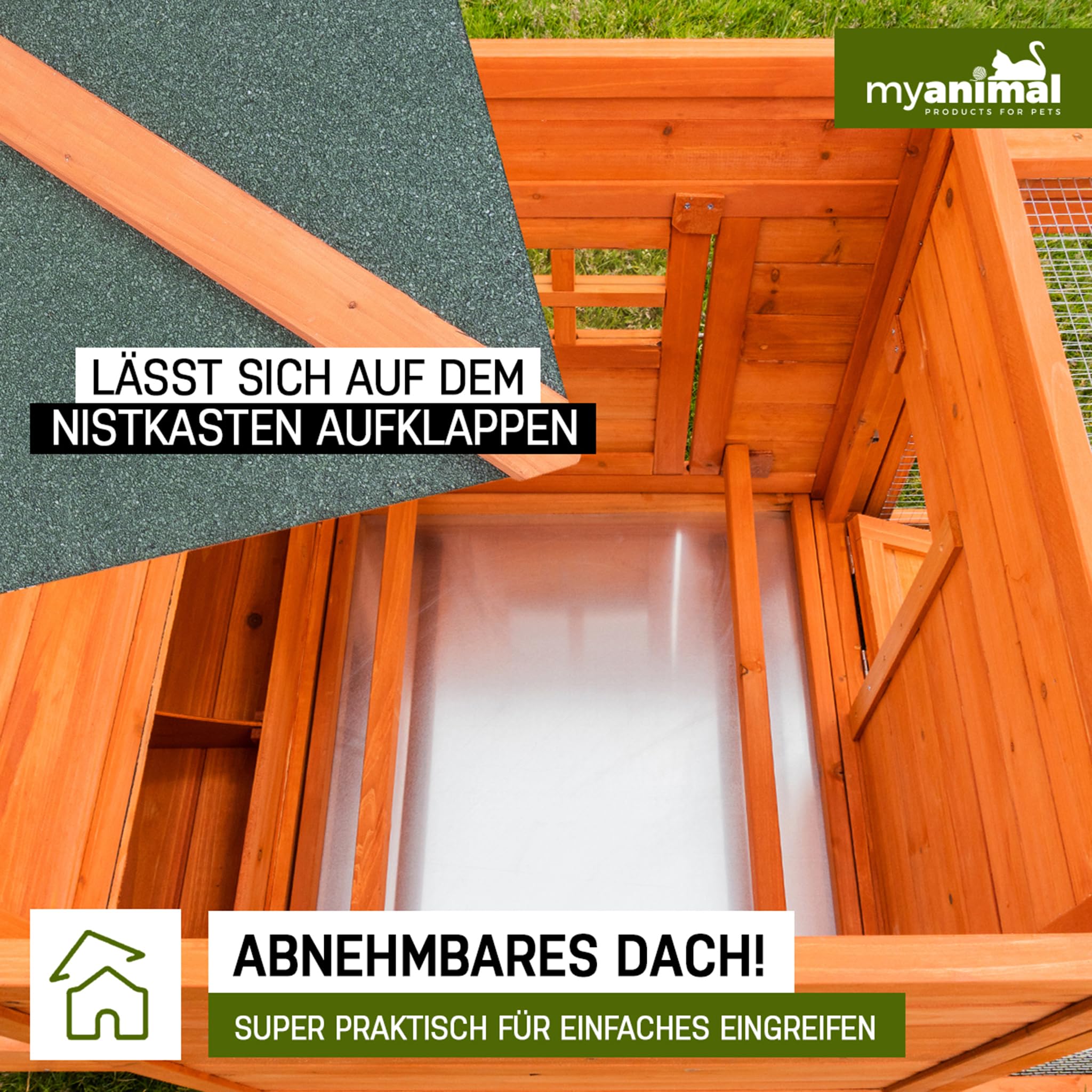 Miweba MyAnimal Hühnerstall für 3 Hühner | 206x73x123 cm Winterfest - Vogelhaus - Hühnergehege mit Nistkasten - Voliere - Hühnerhaus - Freilaufgehege Huhn - Legenest - Vogelvoliere - Gehege (Braun)