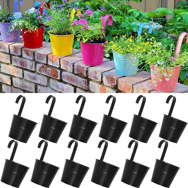 ARTKETTY 16cm Hanging Flower Plant Pots Metal Iron Vase Bucket Planter for Railing Fence Balcony Garden Home Decoration Flower Holders with Detachable Hooks, Black (Pack of 12)