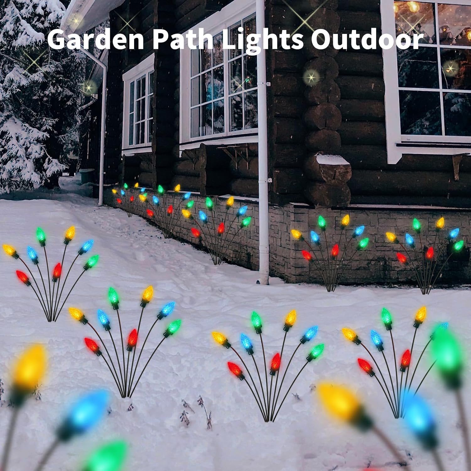Newhale Set of 4 C7 Solar Christmas Decorations, 8 Modes Vintage Swaying Garden Lights, Outdoor Pathway Solar Christmas Stake Lights, Upgraded Base on Firefly Light for Lawn Decor, Multicolor
