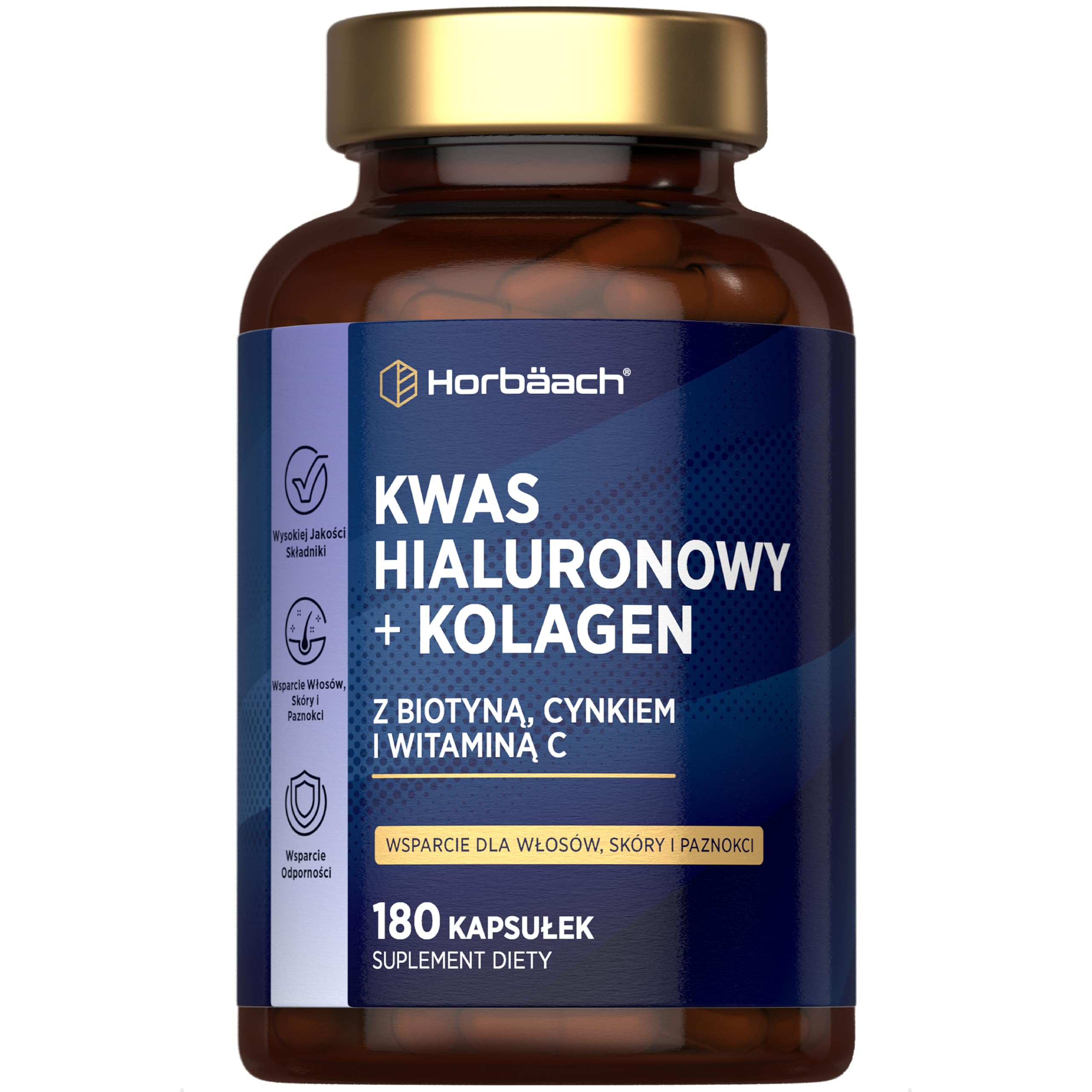 Kolagen z Kwasem Hialuronowym | Hydrolizowane Peptydy Kolagenu Typu I i III | Z Dodatkiem biotyny, cynku i Witaminy C | Suplement na Włosy, Skórę i Paznokcie | 180 Kapsułek | marki Horbaach