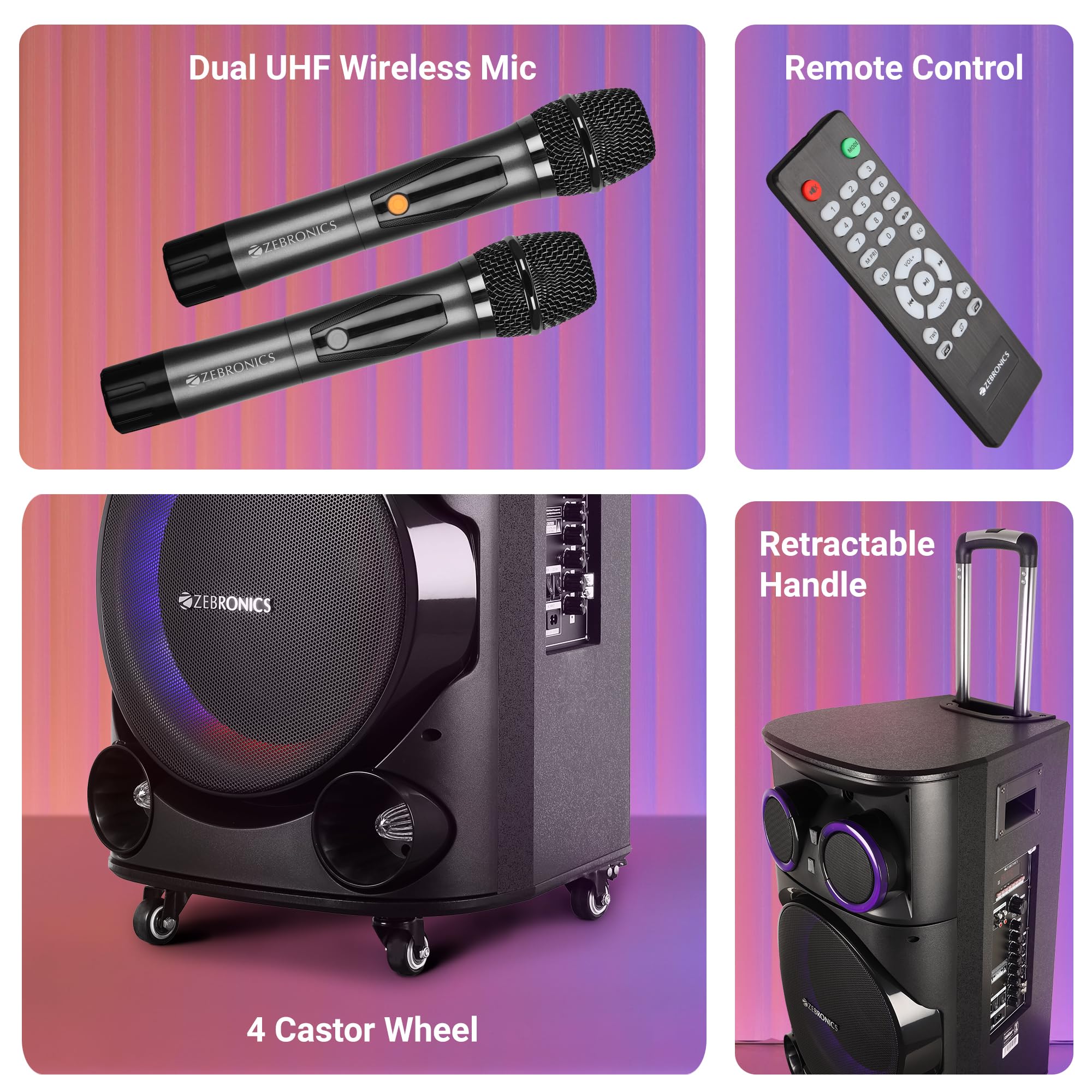 ZEBRONICS GINOX Plus Party Trolley DJ Speaker,160W,Upto 10H Battery,Karaoke,BT V5.0 | TWS | USB | Msd | 2X Mic & Guitar Input | Aux in/Out,RGB LED,12Full Range Driver,with 2X UHF Wireless Mic,Black - Image 6 thumbnail