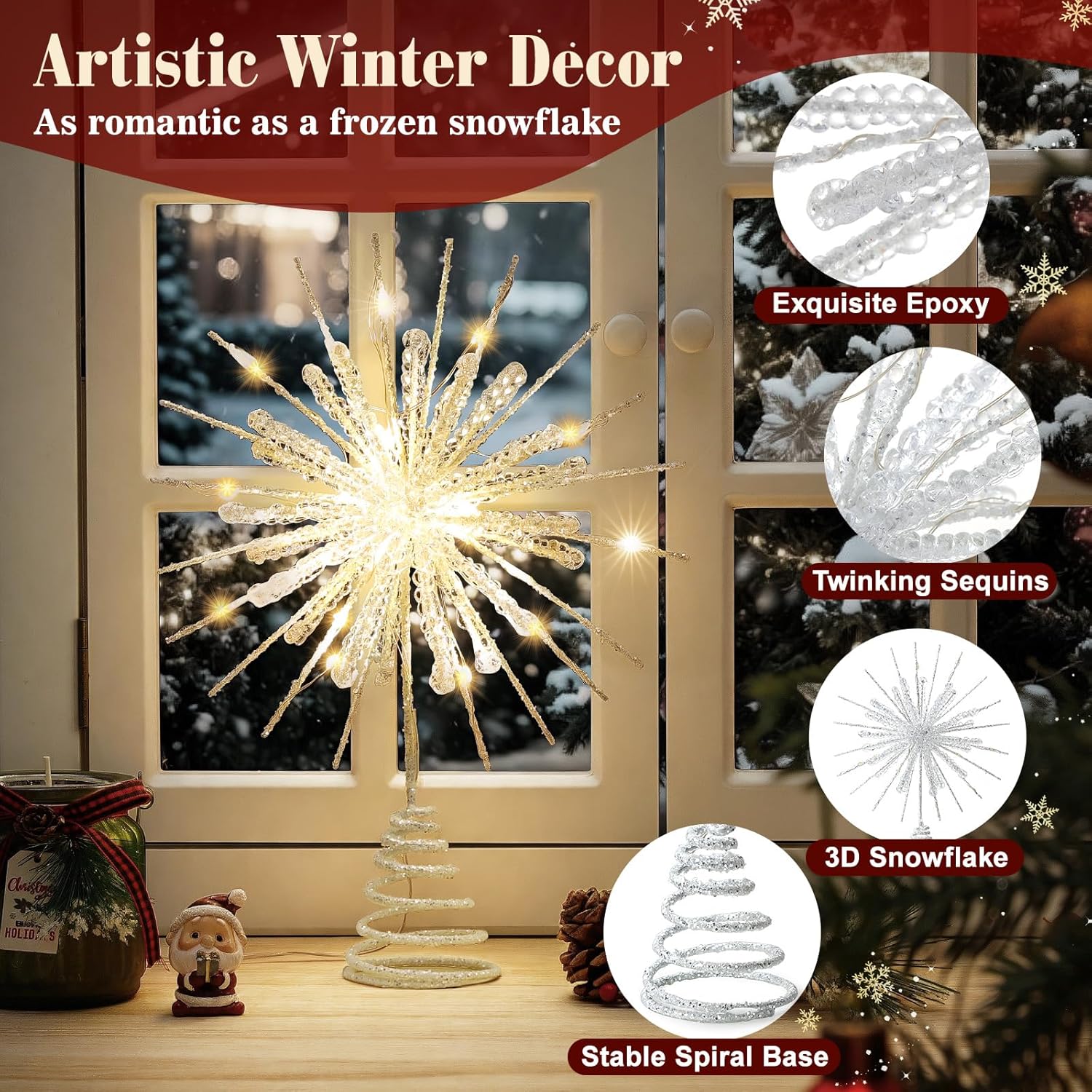 Lewondr Christmas Snowflake Tree Topper, 12.2in Xmas Tree Topper with Glittered Epoxy & 30 Warm LED, Remote&USB Powered Snowflake Treetop, Xmas Decor for Home Party, 6H Timer&8 Modes, Silver White