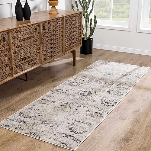 Miniatura 6 de Sunnyside - Tapete rústico para puerta de entrada, pasillo, estilo persa, aspecto floral tradicional, gris, negro, marrón claro, crema, 2 x 2 pies