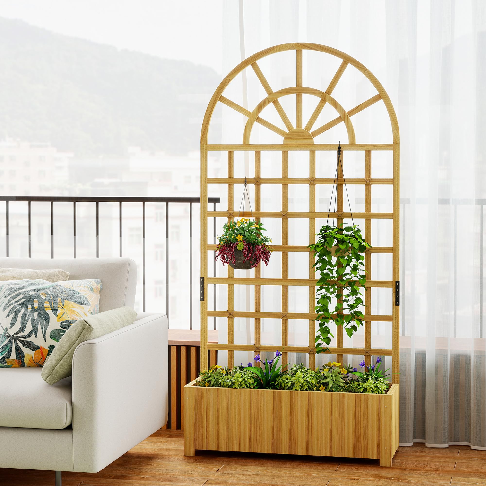 Outsunny Jardinière avec treillis, lit surélevé bac à fleurs pour plantes grimpantes et légumes, bois massif, avec trous de drainage, usage intérieur et extérieur, 90 x 30 x 180 cm, effet bois naturel