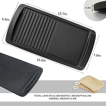 2-in-1 Cast Iron Grill Griddle Pan, Rectangular Double-Sided Cooking Pan with Dual Handles, Non-Coated & Healthy, Includes 2 Loofah Cleaning Brushes
