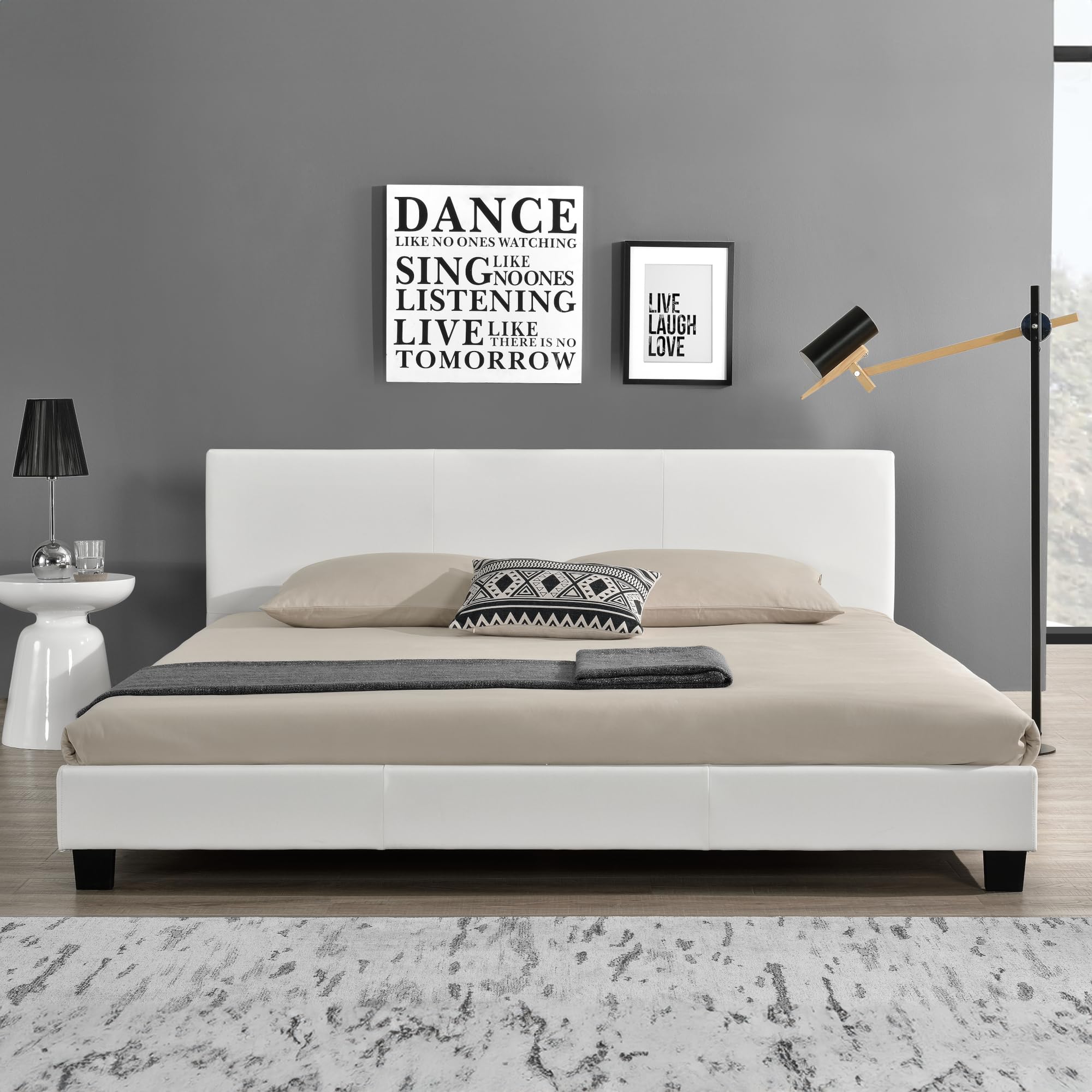 Lit Double 180x200 Cm Avec Matelas Mousse à Froid - Tête De Lit Rembourrée Similicuir Gris - Sommier à Lattes Inclus - 7