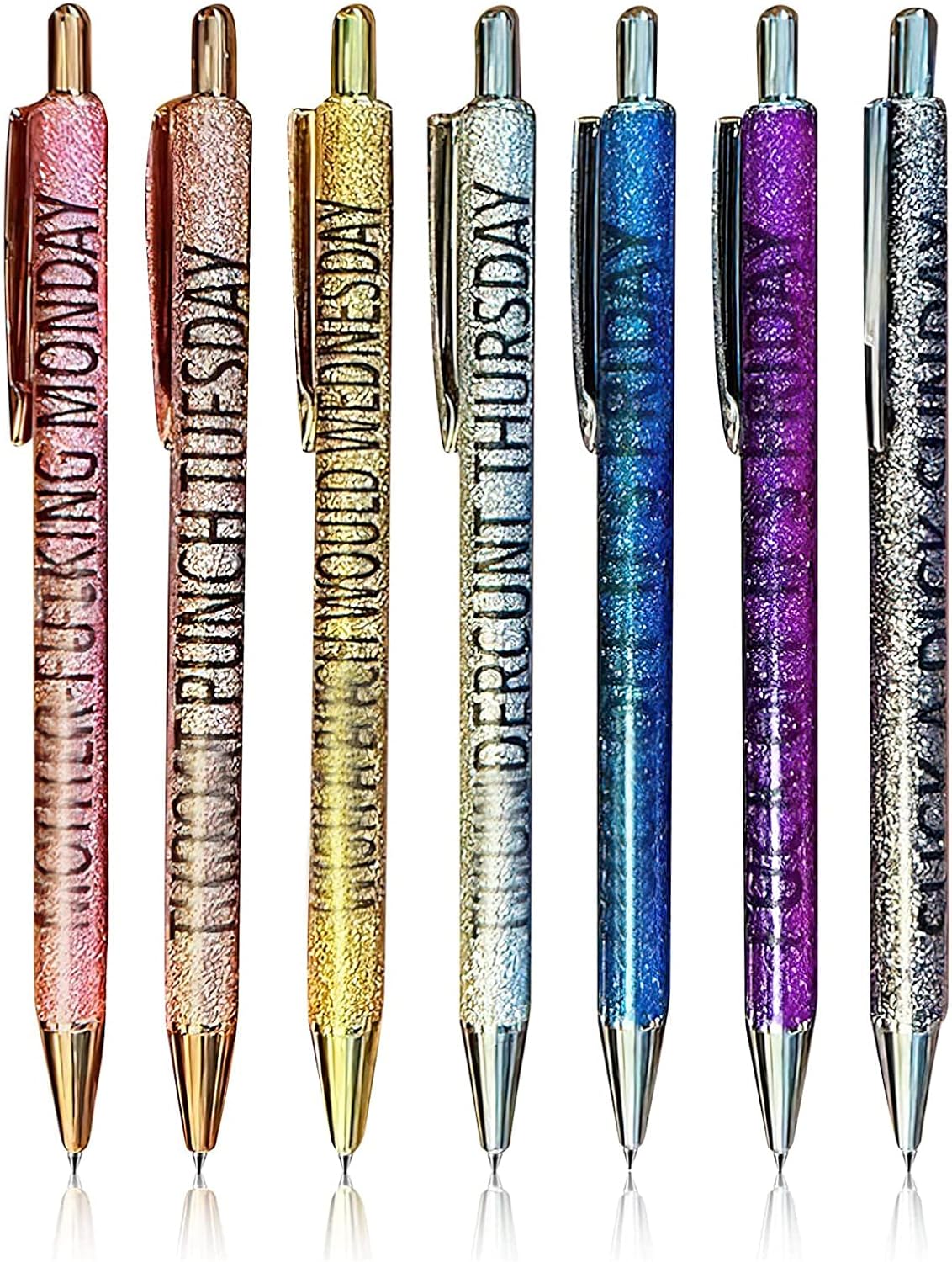 7-Pack Funny Days Of The Week Pens - Glitter Ballpoint Pens With Mood Quotes & Replacement Refills