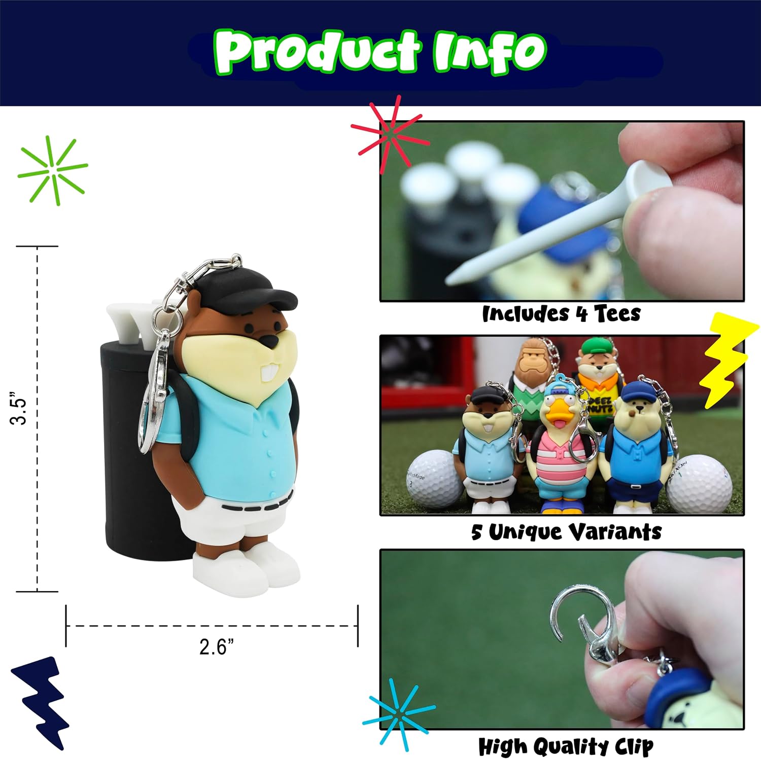 Golf Tee Holder Keychain with Funny Golfer Character, Includes 4 Tees & Clip, Golf Bag Accessory, Cute Golf Gift for Men Women, Dad, Grandpa & Golf Lovers - Gopher
