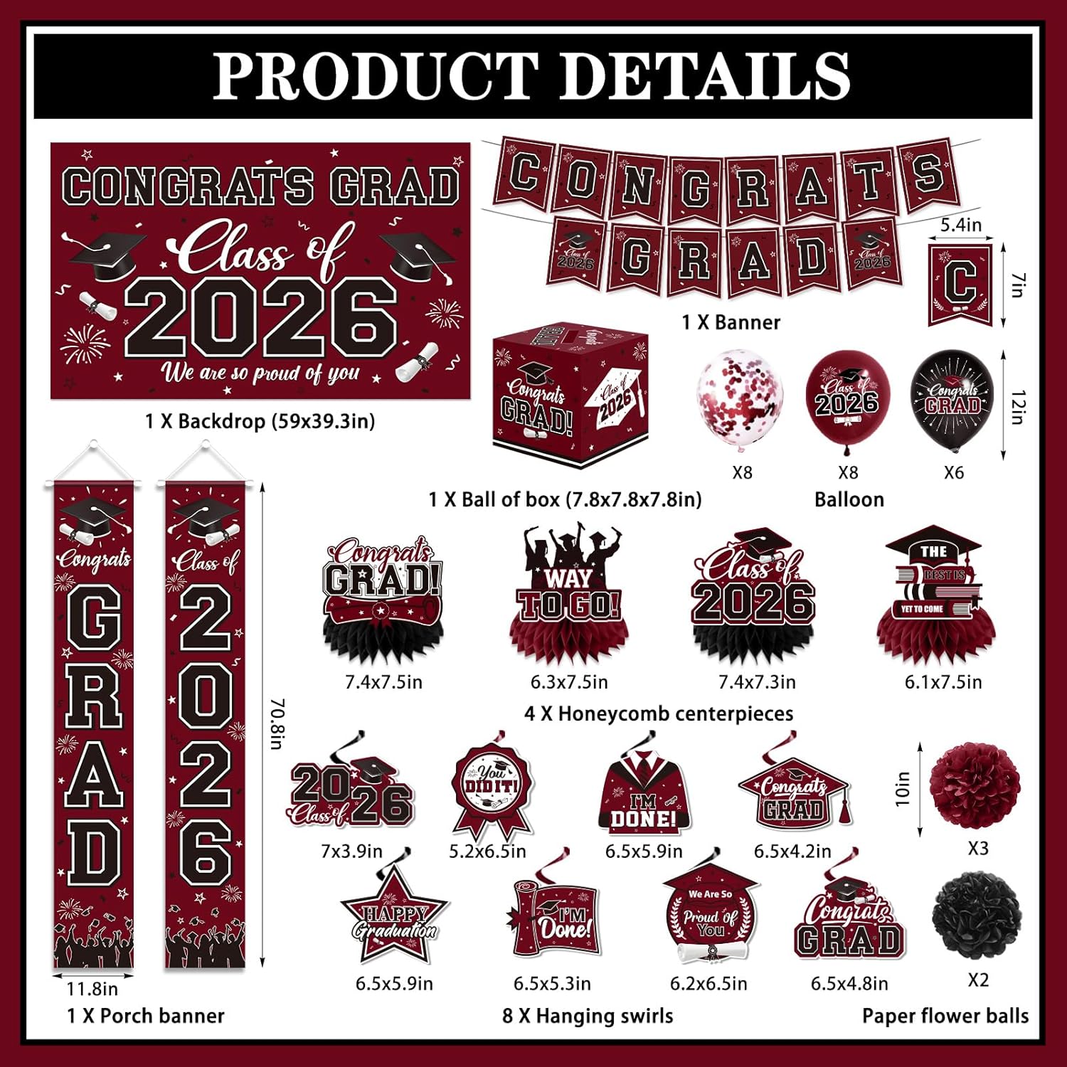 Graduation Decorations 2026 Maroon Party Decor Set with Congrats Grad Banner, Class of 2026 Backdrop, Balloons, Box & Streamers Supplies for High School & College Celebrations