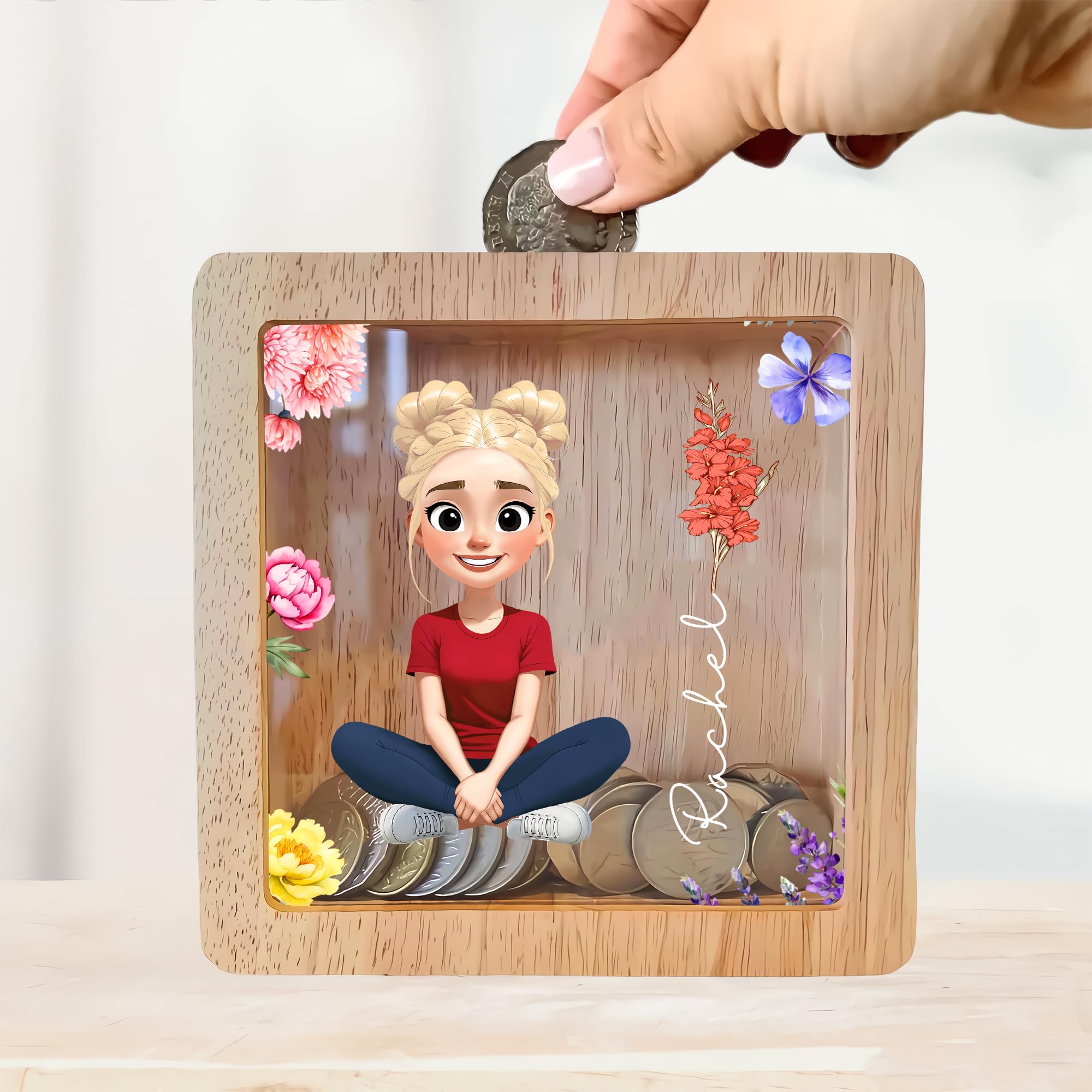 Personalized Piggy Bank, 6.7"x6.7" Wooden Money Banks for Kids, Custom Gifts for Boys and Girls, Personalized Piggy Bank for Girls