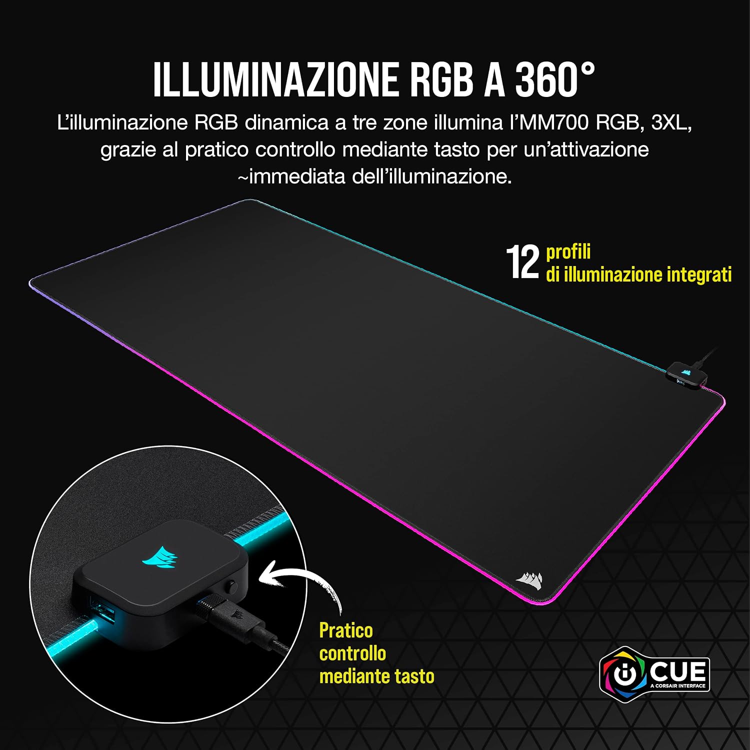 MM700 RGB Tappetino per Mouse da Gioco Extended 3XL Cloth - 1.220 mm x 610 mm (48" x 24") - Illuminazione RGB a 360-¦ - Hub a Due Porte USB - Gomma Spessa - Nero - Mousepad - Immagine 2