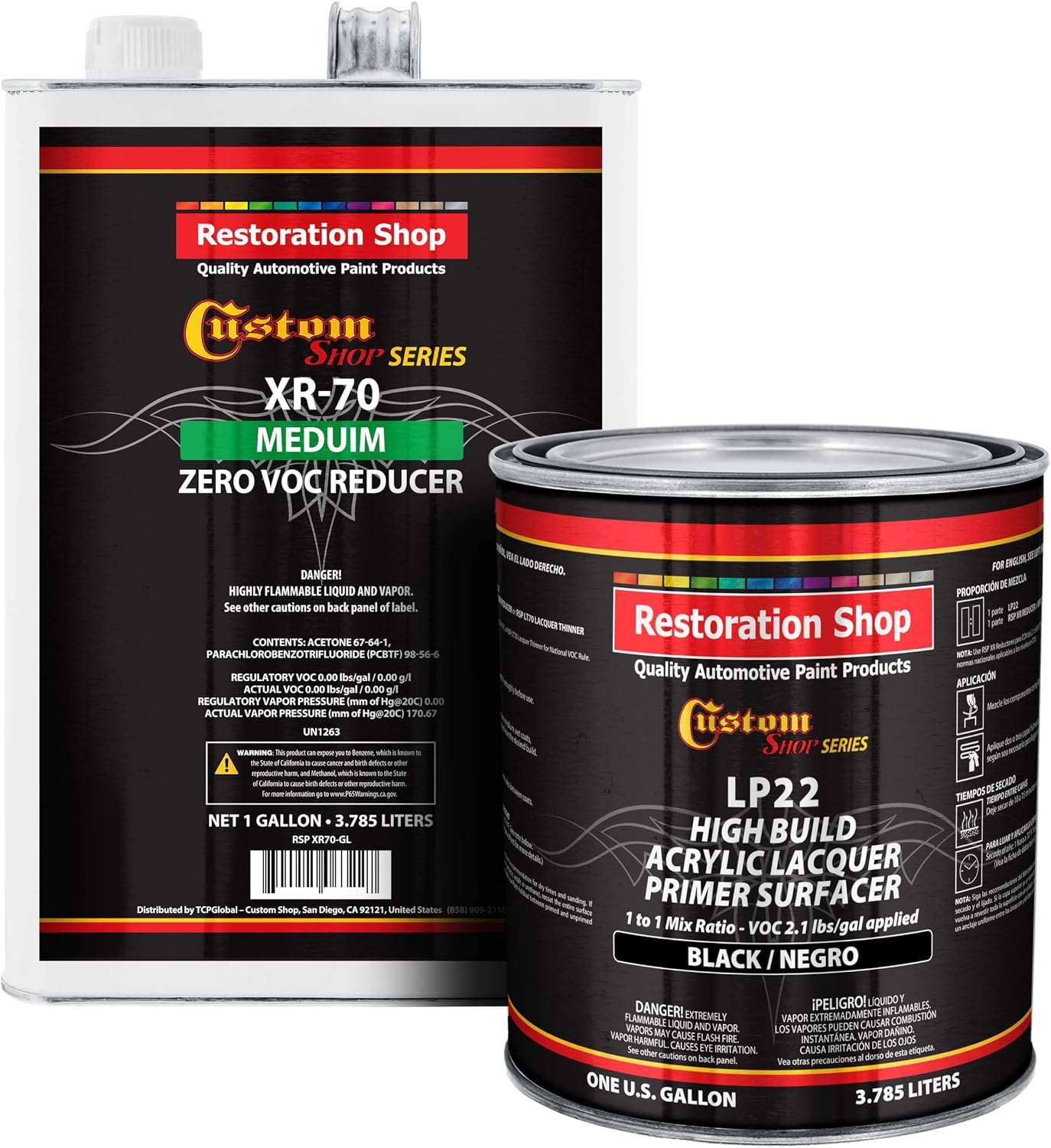Custom Shop Premium High Build Acrylic Lacquer Primer Surfacer, Black & 0 VOC Compliant Reducer, 1 Gallon Kit