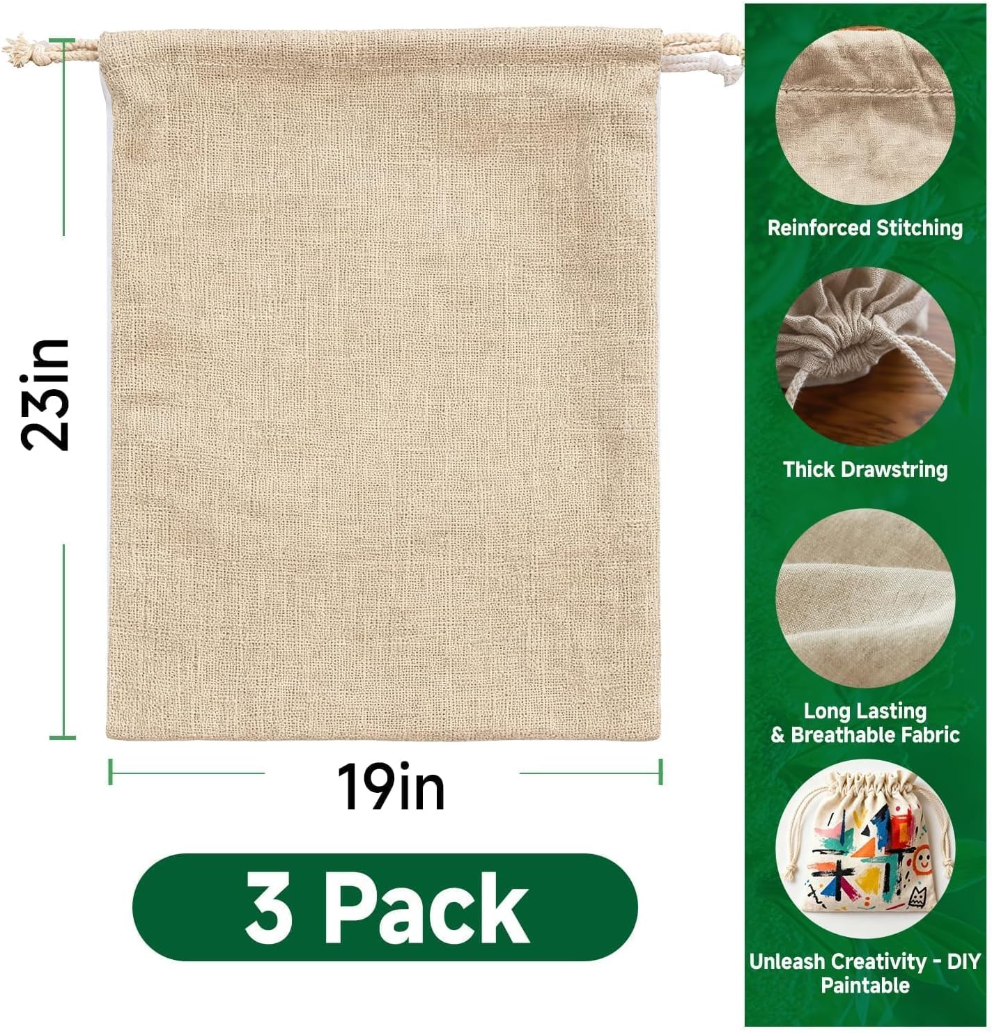 Simple&Opulence 3-Pack 19” x 23” Linen Cotton Drawstring Bags Reusable Grocery Sacks, DIY Craft Sachet Sacks Storage Cloth Bags for Party Wedding Home Bulk Produce Bags, Washable, Natual Linen image 2