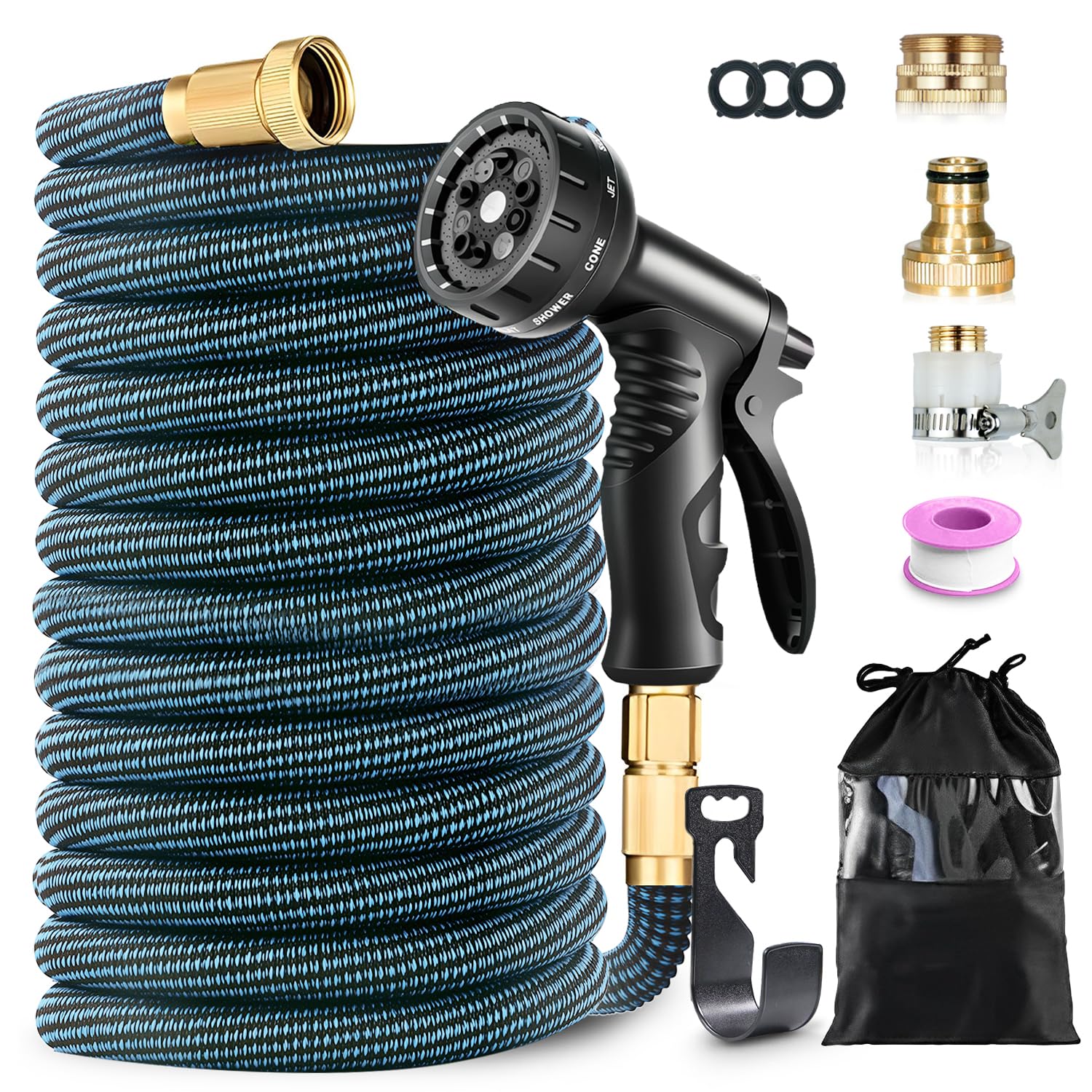 15M/50FT Flexibler Gartenschlauch, Ausziehbare Wasserschlauch mit 10-Funktionen-Sprühkopf, 3750D-Gewebe & 4 Lagigem Latexkern, 3/4 und 1/2 Zoll Metallverbindung, knickfrei für Garten & Terrasse