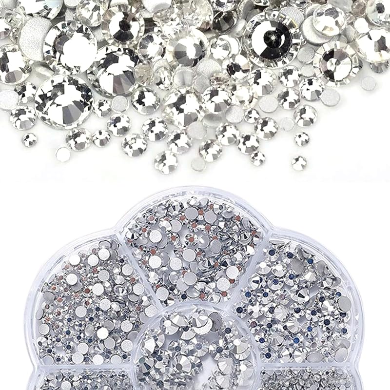 Set de 7 piese cu strasuri plate Hurifeng în cutie sub formă de floare, 3500 bucăți cristale decorative SS4-SS20 argintii pentru decorarea unghiilor și crearea de bijuterii