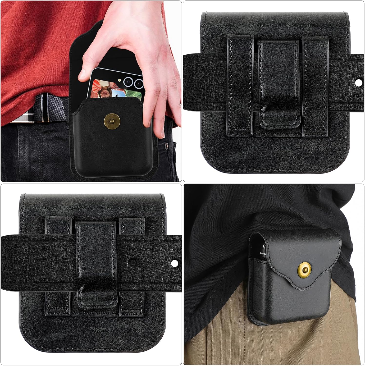 Phone Holster for Samsung Galaxy Z Flip7 Z Flip6 Flip5 Flip4 Flip3, Flip Phone Specific Protective Leather Holster for Motorola RAZR 2025/2024 Case, Cellphone Belt Clip Holster Carrying Pouch(Black) - Image 6
