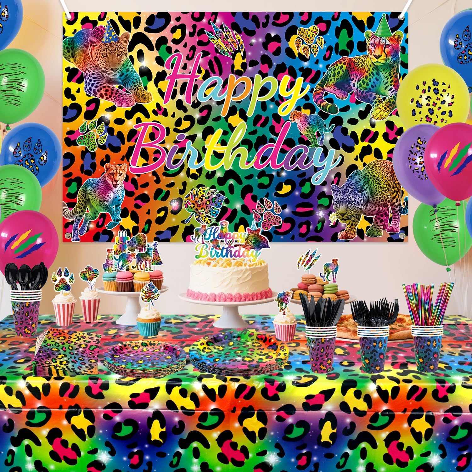 Rainbow Cheetah Birthday Decorations, Rainbow Leopard Party Decoration, Plates Cups Napkins Tablecloth Happy Birthday Backdrop Balloon Cake Toppers for Kids Baby Shower Picnics Supplies, Serves 20