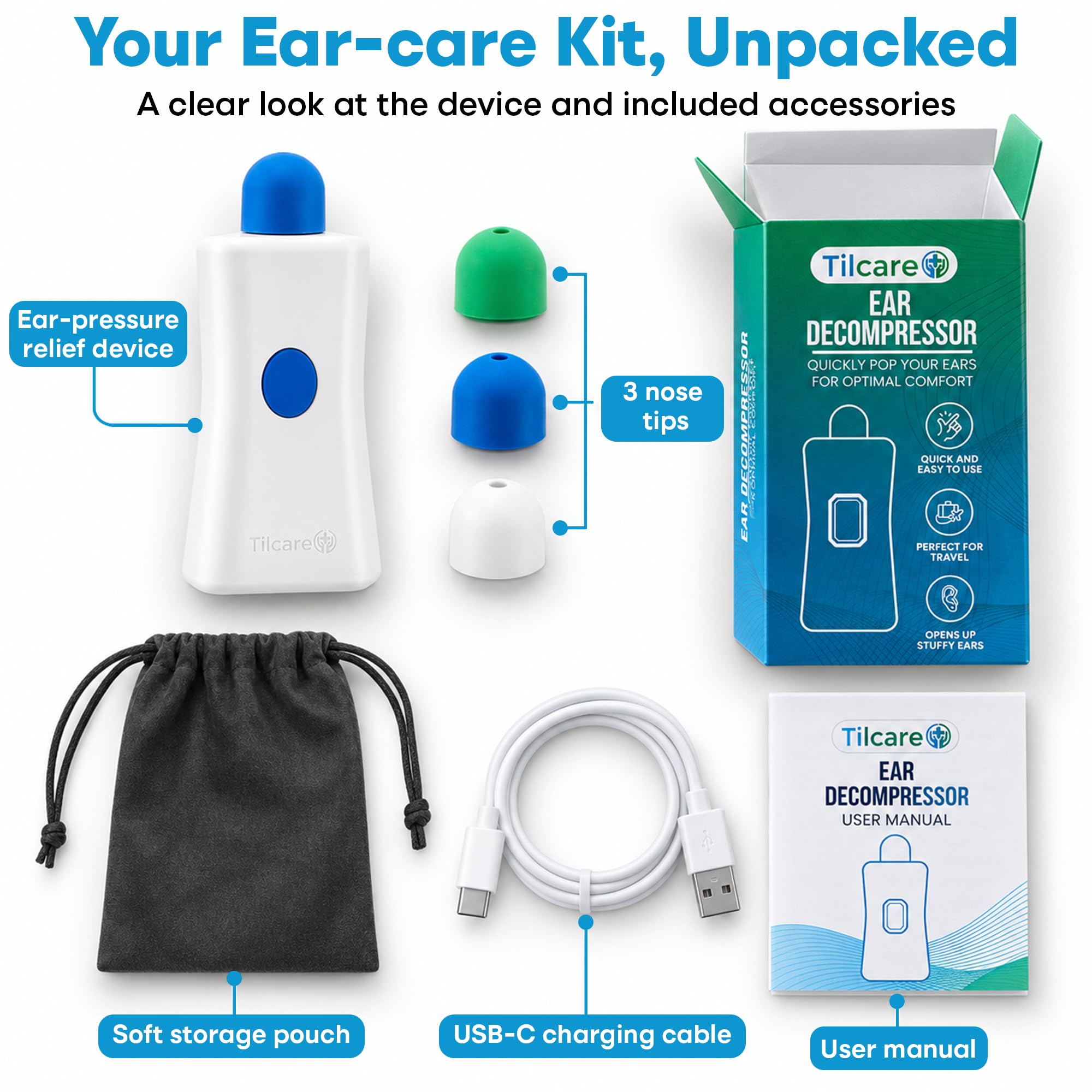 Ear Pressure Relief Device by Tilcare: Electric Ear Popper & Eustachian Tube Unclogger for Flying and Colds, USB-C, 3 Tips — Amazon image 7