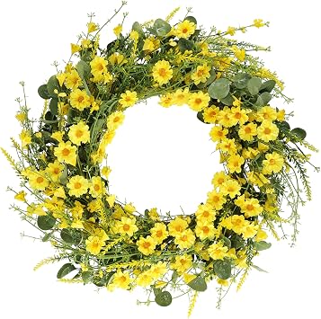 Hananona Spring Wreath Yellow Daisy Wreath, 24" Silk Daisy Wreath with Green Eucalyptus Leaves Summer Wreath for Front Door Wall Home Decor Yellow