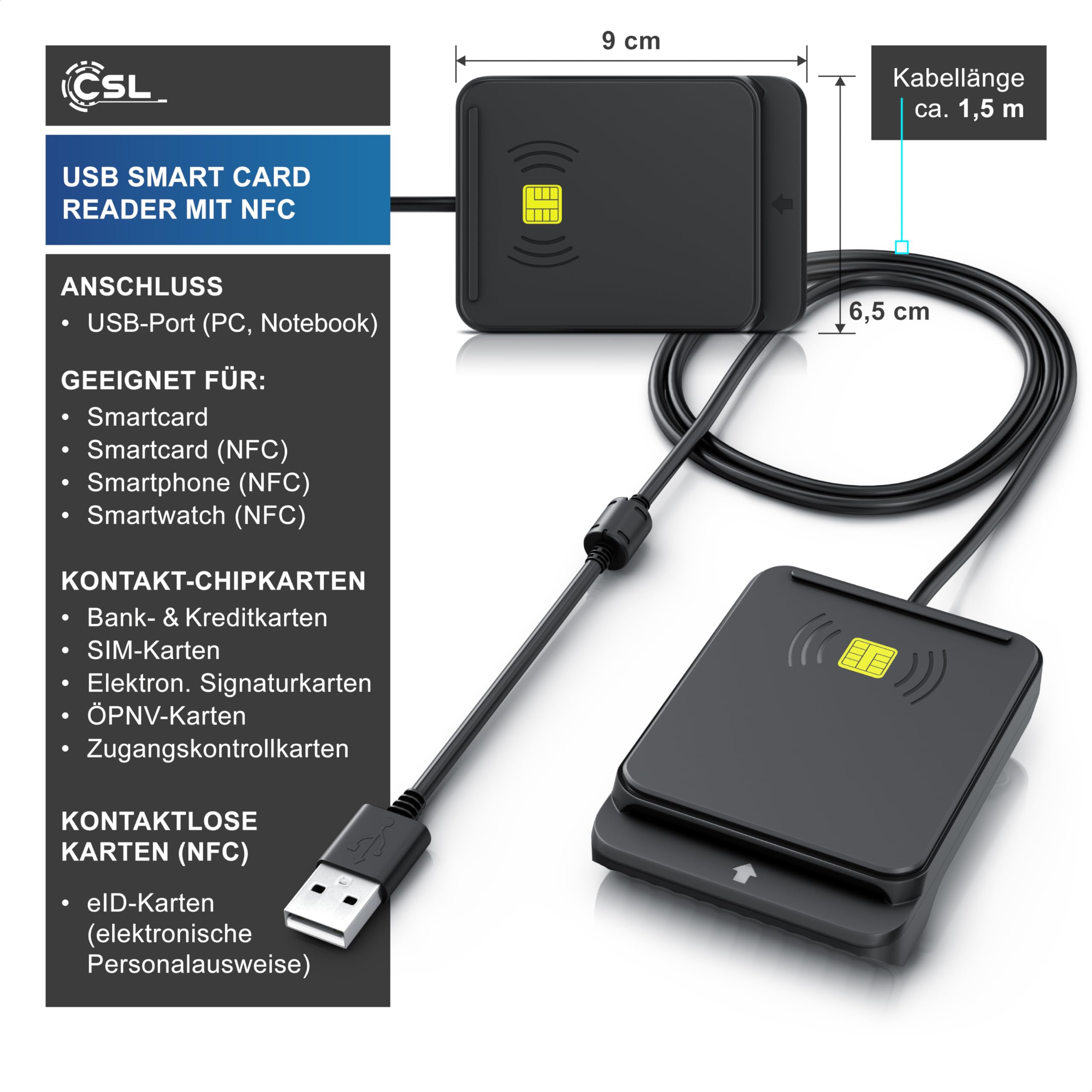 CSL - USB Chipkartenleser mit NFC - SmartCard Reader/SIM Kartenlesegerät - kompatibel mit Windows 11 - für den neuen Personalausweis Gesundheitskarte Bankkarten - EPA