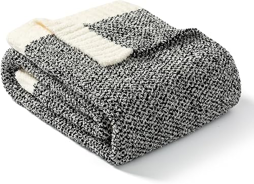 Miniatura 1 de Snuggle Sac Manta de color negro jaspeado para sofá, manta reversible, cálida y acogedora de punto, mullida, ligera, para sofá, cama, campamento,