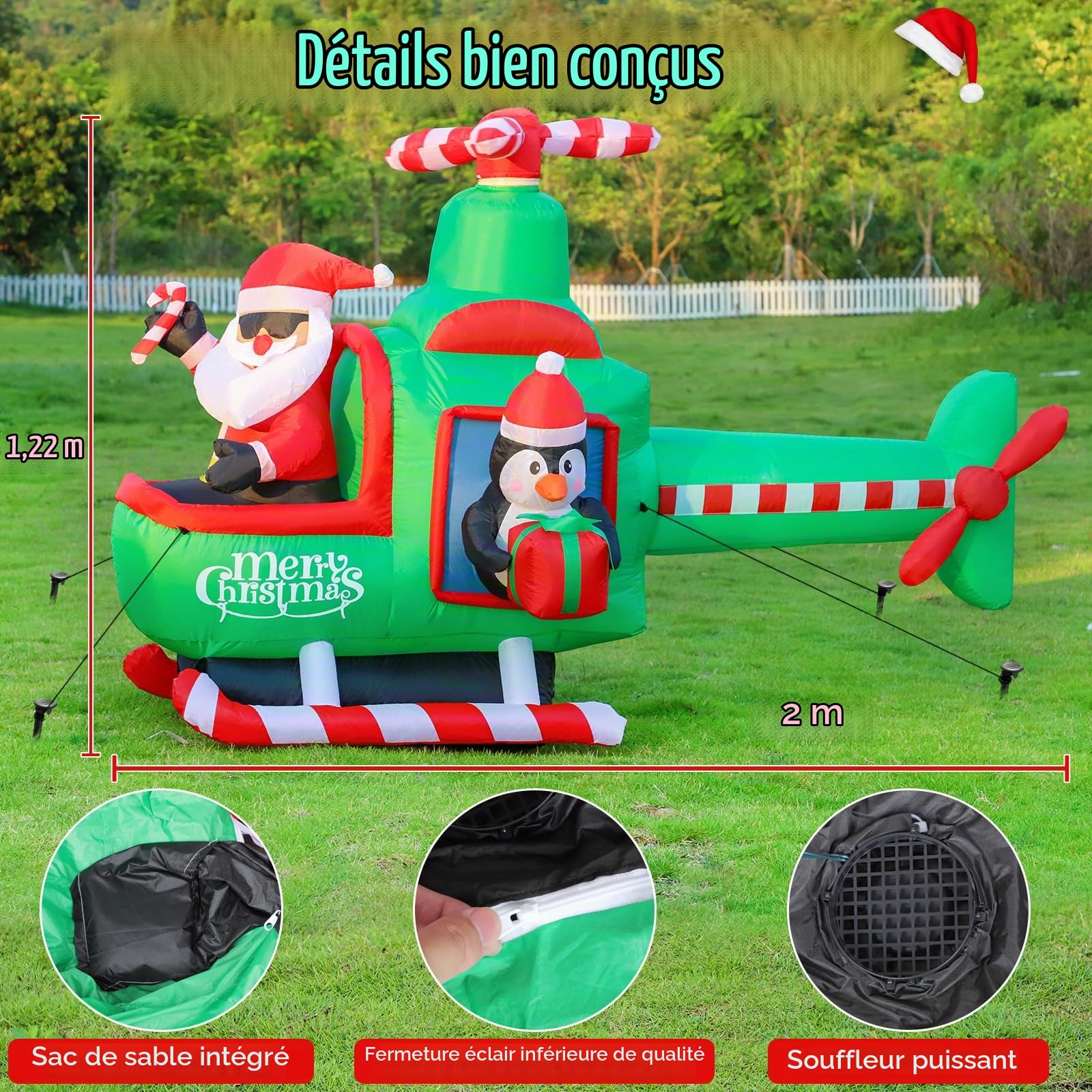 195 cm Père Noël gonflable avion pingouin avec lumières LED, intérieur/extérieur, fête, Noël, décorations de jardin gonflables