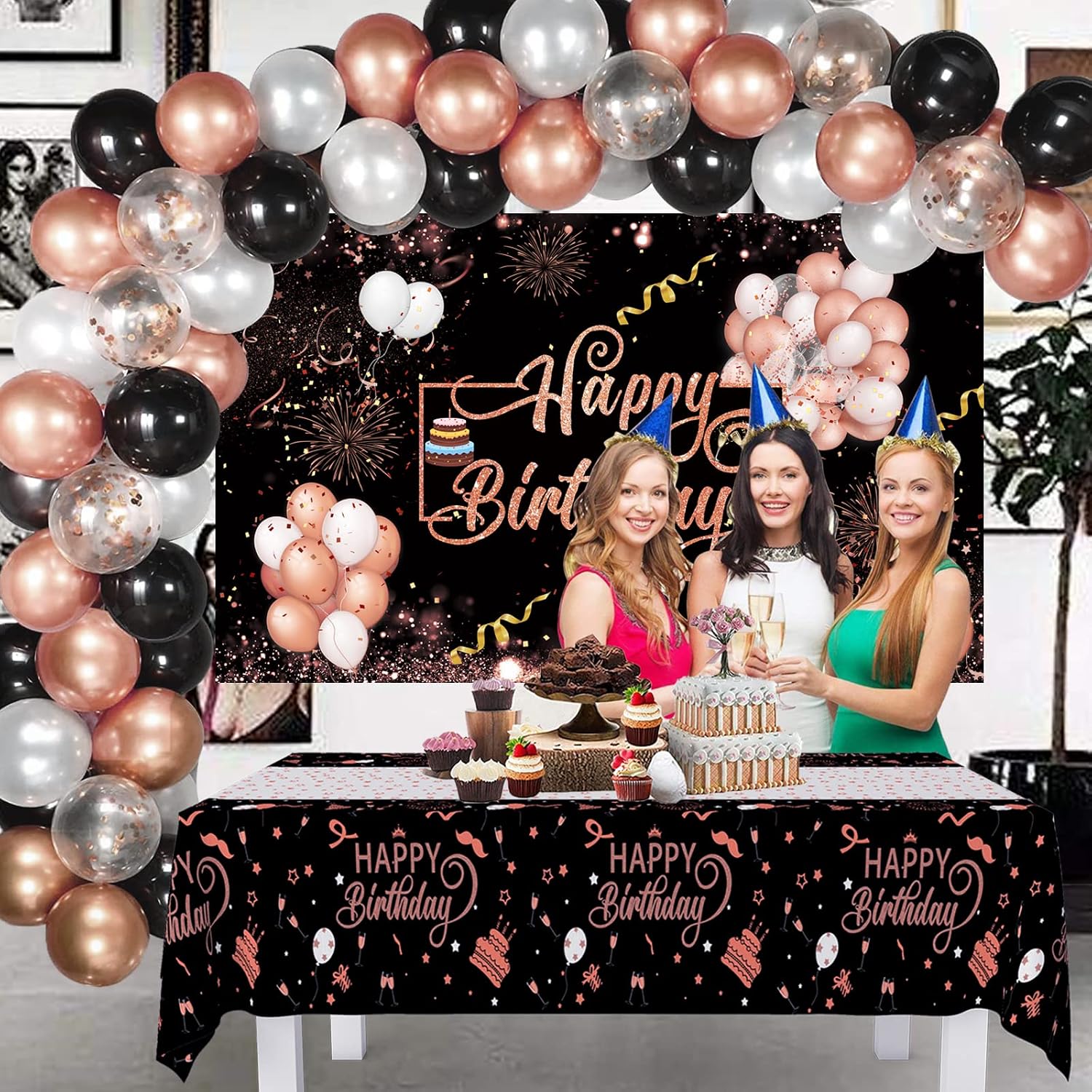 Rose Gold Black Happy Birthday Extra Large Background Banner with 50pcs Metallic Shiny Latex Balloons for Birthday Party Backdrop Decoration Supplies