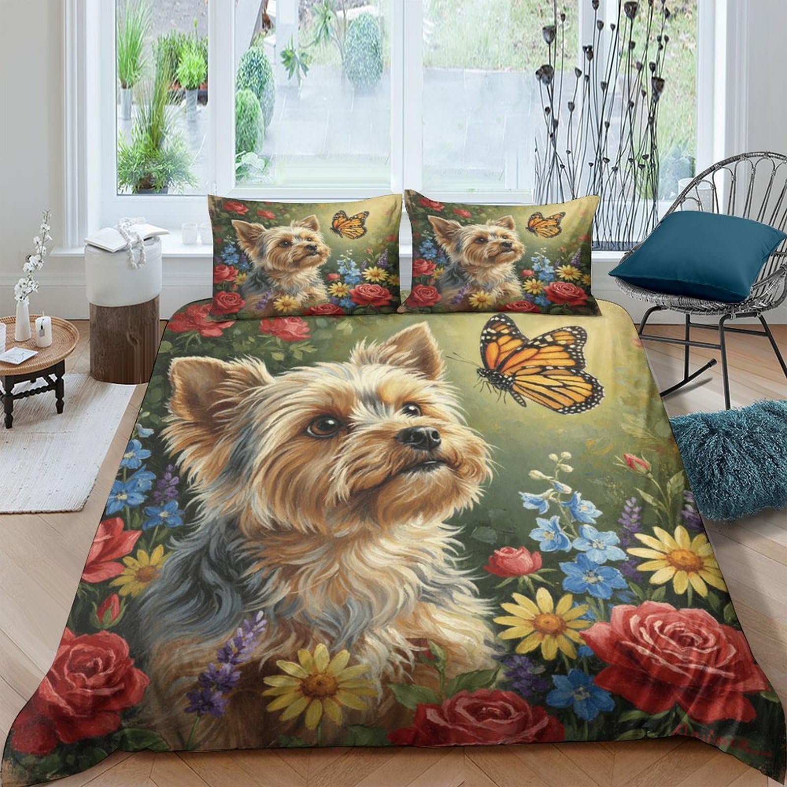Ctjqhvkz Style-1 3D Printed Yorkshire Terrier Fitted Sheet Microfiber Soft Floral Butterfly Mattress Cover For Bedroom Guest Room Decor Single（135X200cm）