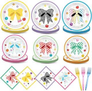 96PCS Back to School Party Supplies Tableware Set Pencil Apple Composition Notebook Bow Theme Disposable Plates Napkins First Day of School Party Decorations for Classroom Teacher Appreciation Decor