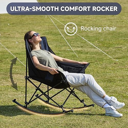 Miniatura 3 de Mecedora plegable de gran tamaño, silla mecedora portátil acolchada con bolsillos, portavasos y bolsa de transporte, silla de patio resistente para