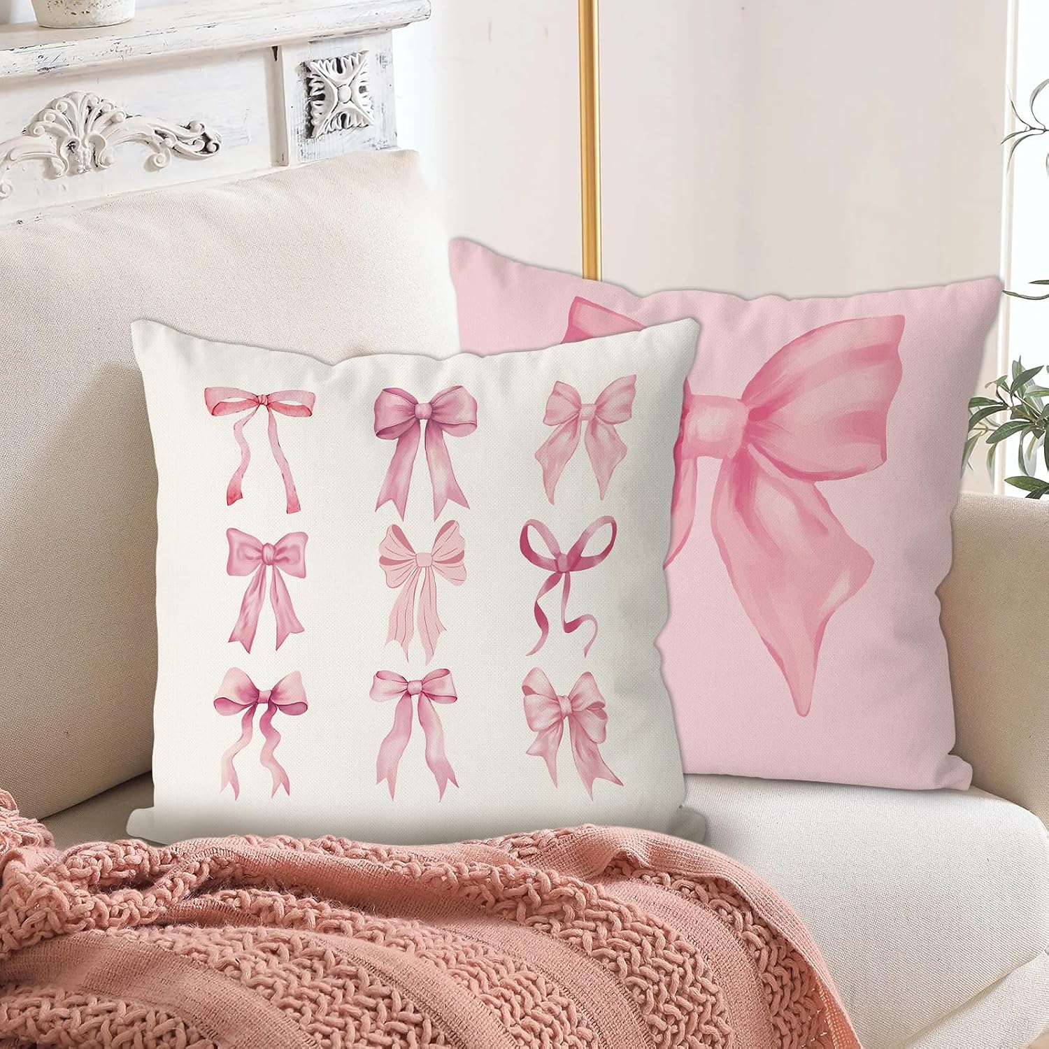 4Pcs 18×18 Cherry Pillow Covers, Pink Bow Pillow Covers, Girls Room Decorative Pink Pillow Cover for Home Bedroom Living Room Decor Valentine's Day Gift image 4
