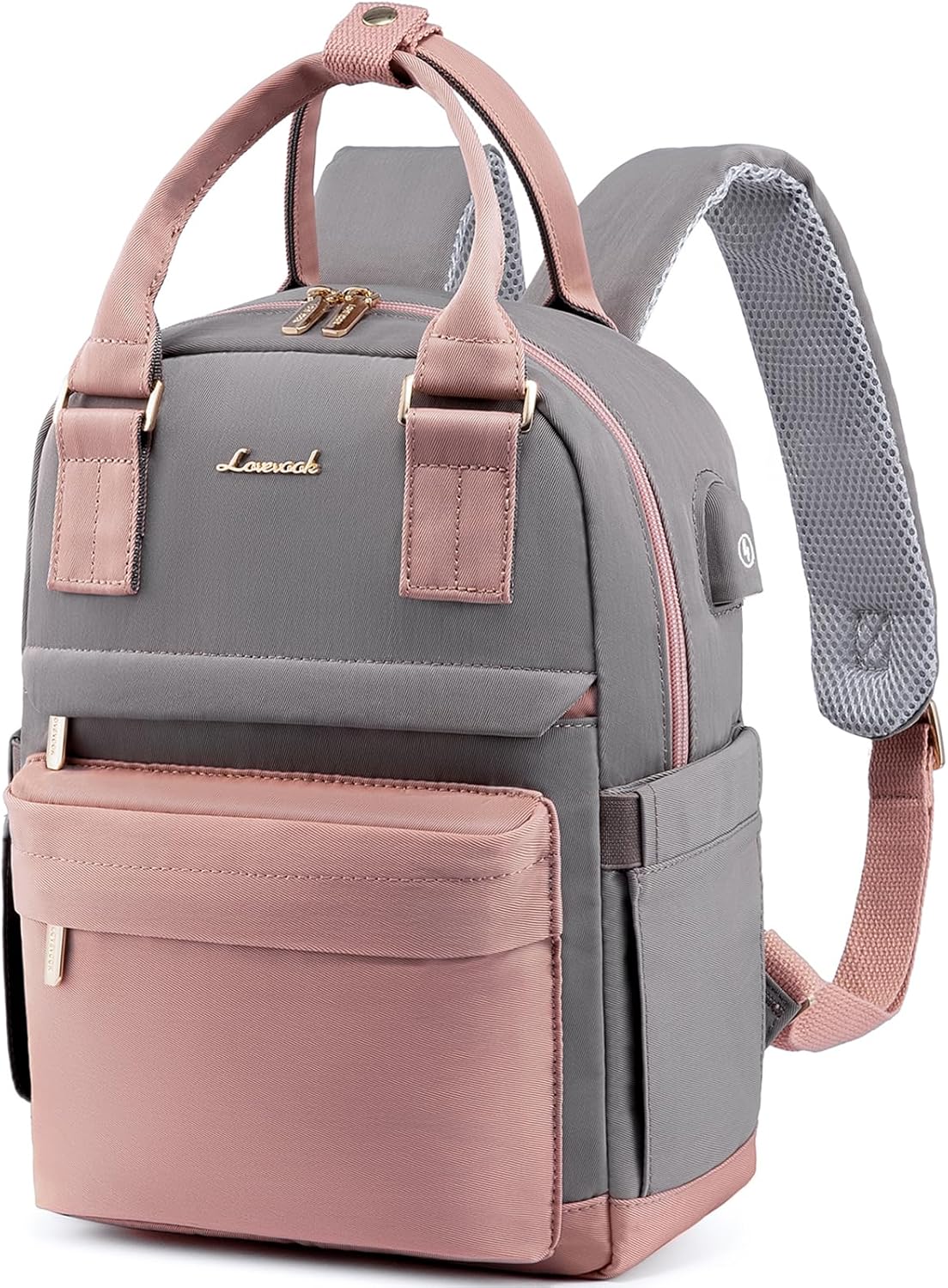 LOVEVOOK Backpack Womens Small Fashion Rucksack Bag for Ladies with USB Port Waterproof Handbag for Girls Anti-theft Mini Casual Daypack City Pack for School Uni Travel, Pink Grey