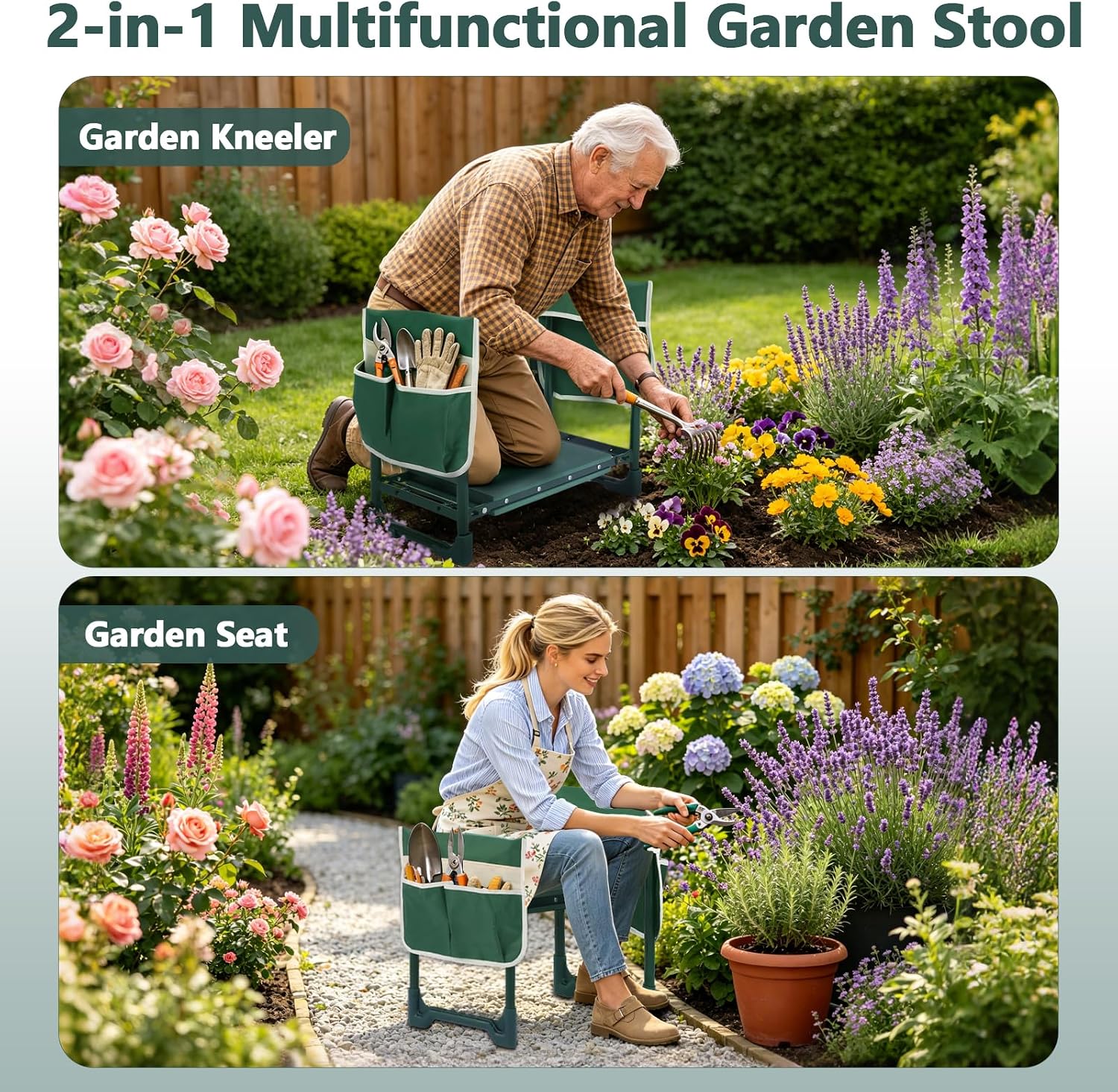 Garden Kneeler and Seat Heavy Duty, Upgraded 350 lbs Load Capacity Garden Bench, 2-in-1 Foldable Gardening Stool, Foam Kneeling Pads with 2 Tool Pouches for Seniors Women Men