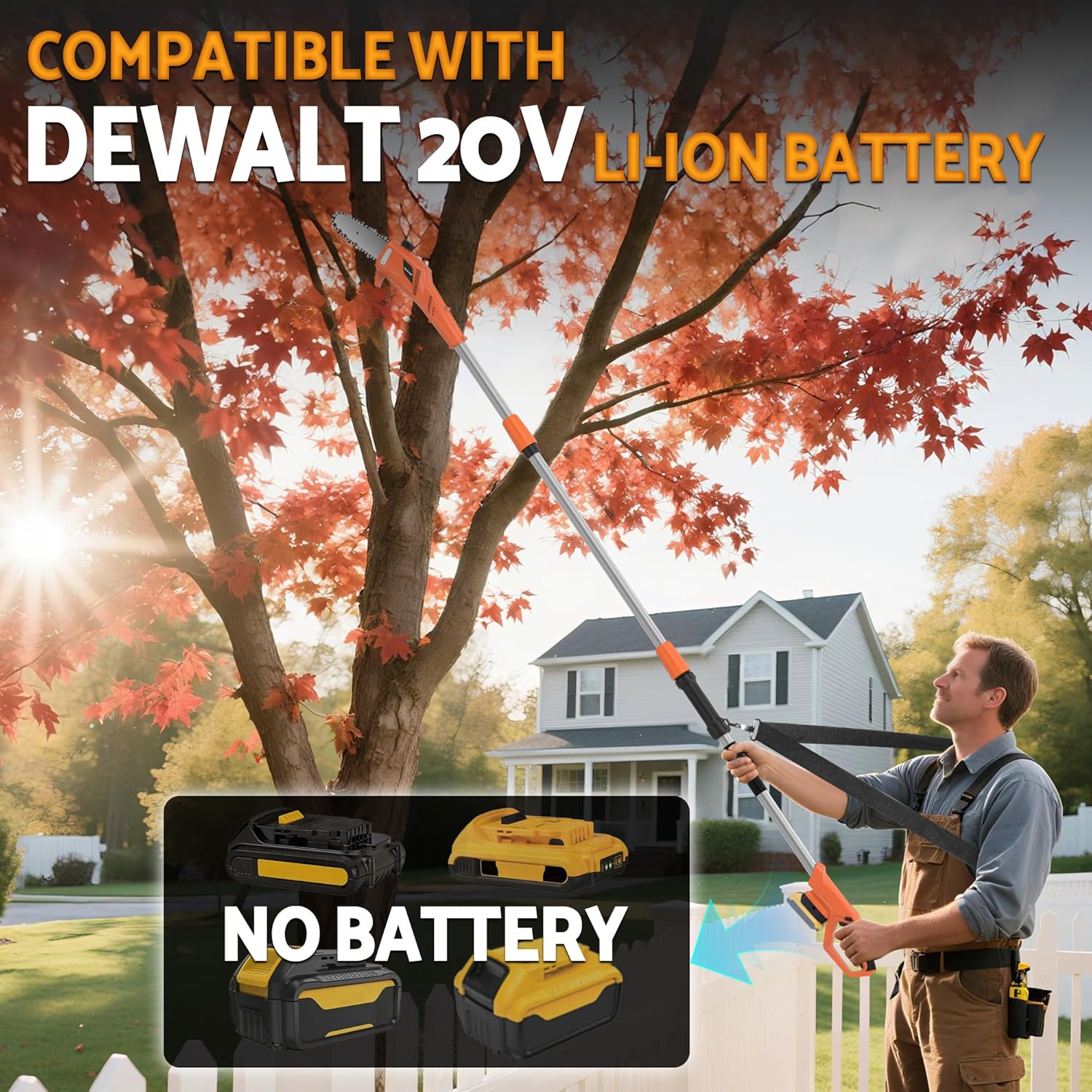 Cordless Pole Saw (NO BATTERY) Compatible with Dewalt 20V Battery, 8 Inch Electric Pole Saw with Extension Pole 14.3 FT Max, Pole Saws for Tree Trimming, 13 FT/S Cutting speed Auto Lubrication System
