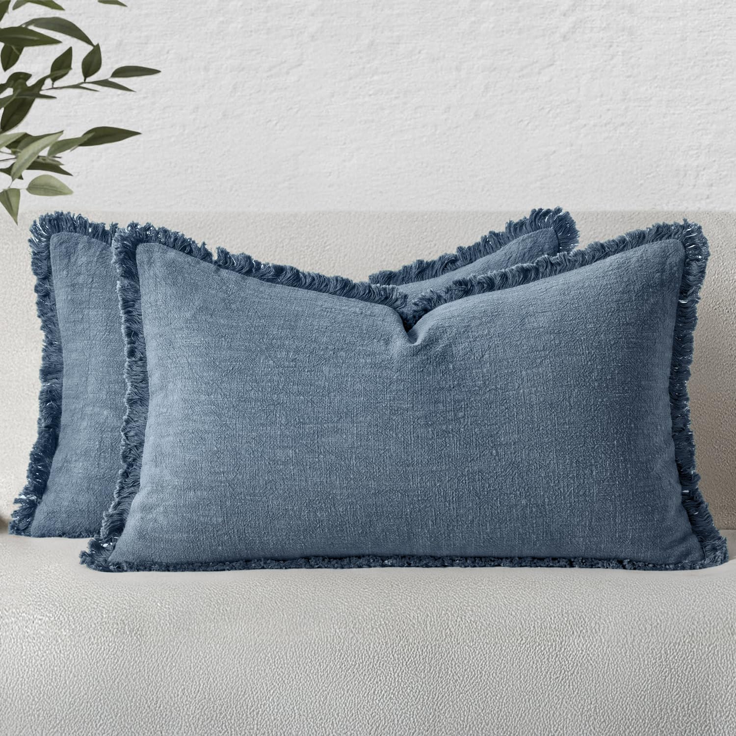 MIULEE Linen Fringe Decorative Lumbar Throw Pillow Covers Blue Ashes 12x20