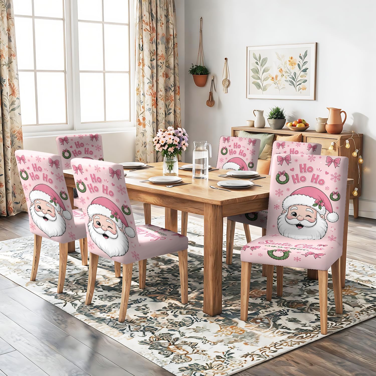 Pink Santa Christmas Chair Covers Set of 4, Stretch Slipcovers
