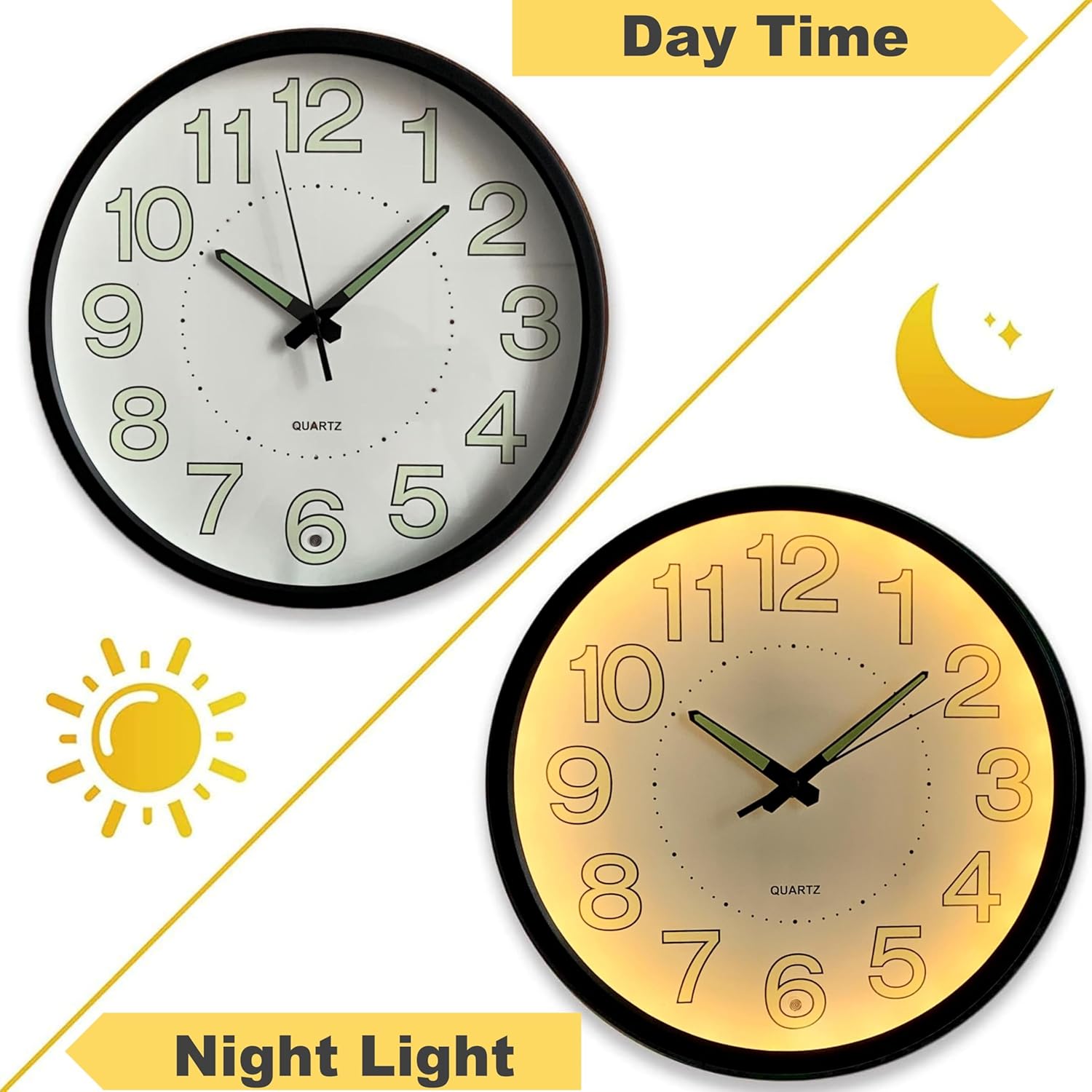 12 Inches Night Light Wall Clocks - with Silent Non-Ticking Glowing Function - Big Solid Numbers Easy to Read Both Day and Night (White/Black)