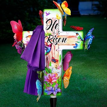 VIHOSE Lighted Solar Cross for Easter Outdoor Decorations, He is Risen Easter Decor with Purple Scarf and 12 Magnetic Butterflies, Solar Powered Jesus Cross Stake for Garden Yard or CemeteryBright