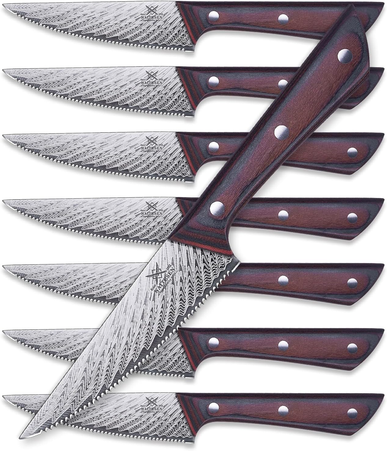 Naitesen 8-Piece Serrated Steak Knives Set - High Carbon Steel Blades, Full Tang Wooden Handles, Ideal Gift for Meat Lovers