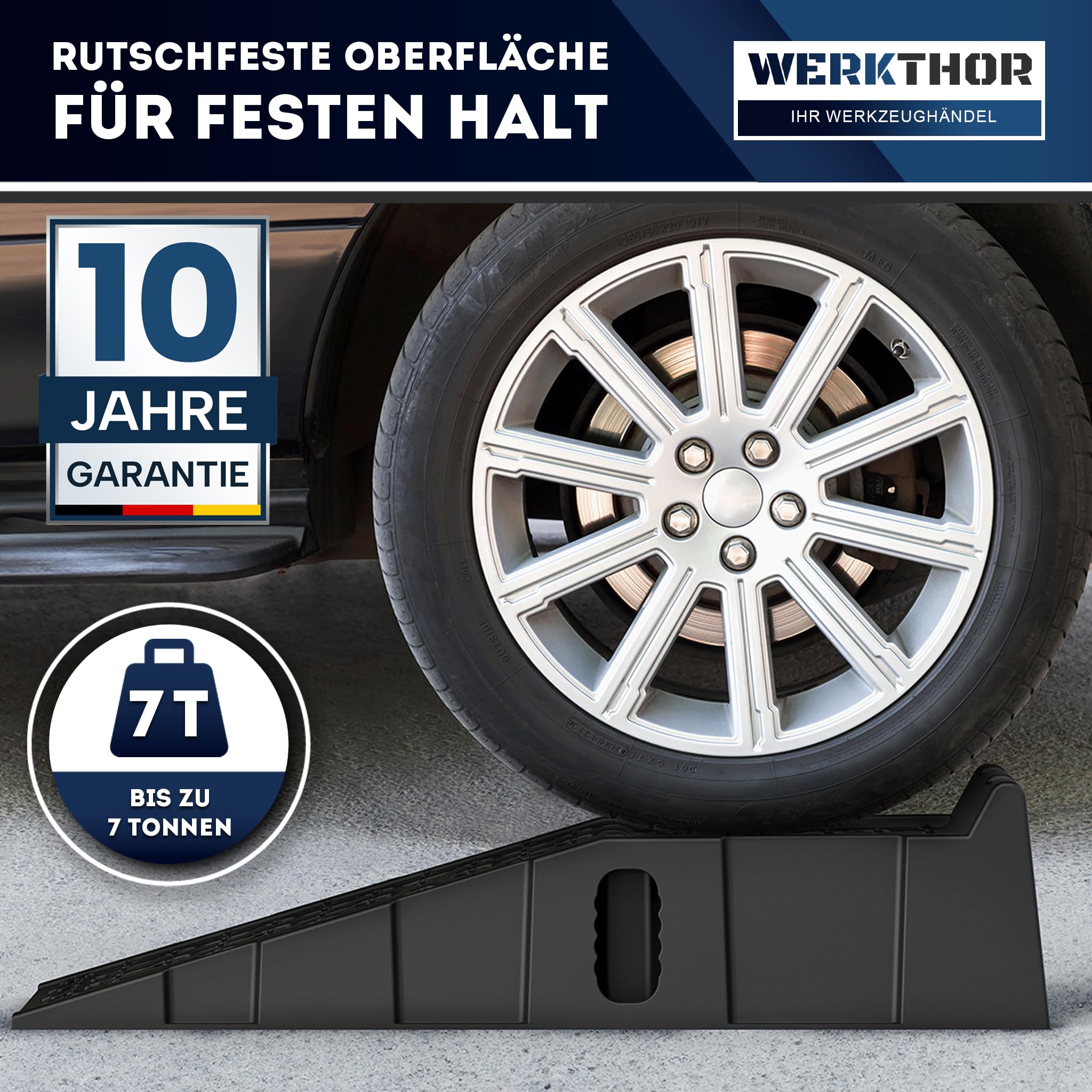 WERKTHOR Auffahrrampe Pkw – [2er Set] Auffahrrampen Pkw für maximalen Halt – Robuste Hebebühne Auto für jeden Untergrund – Auffahrkeile für sicheres Arbeiten – Perfekt für Fahrzeuge [>5T]