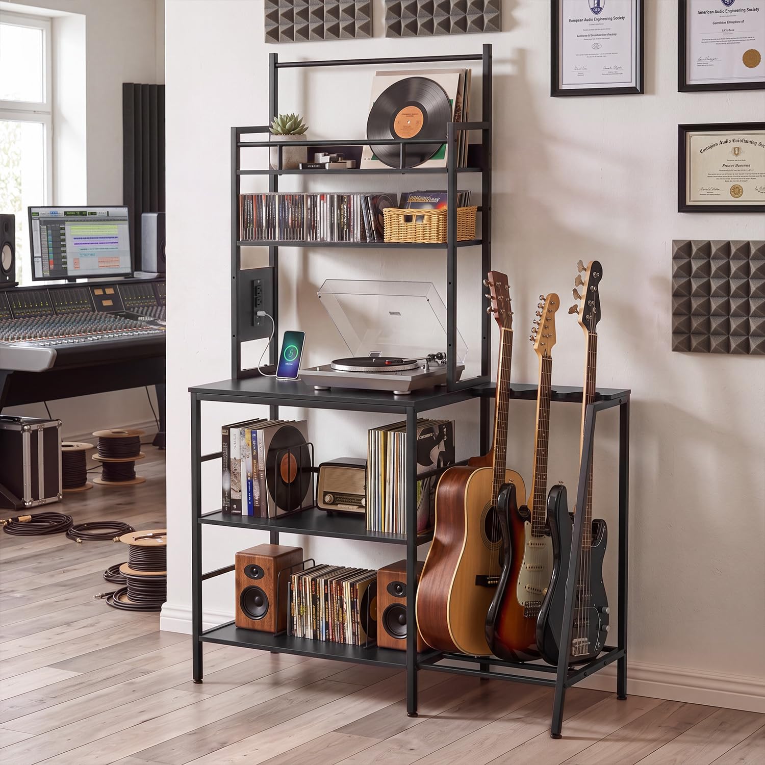 5-Tier Large Vinyl Record Player Stand with Guitar Stand & Charging Station