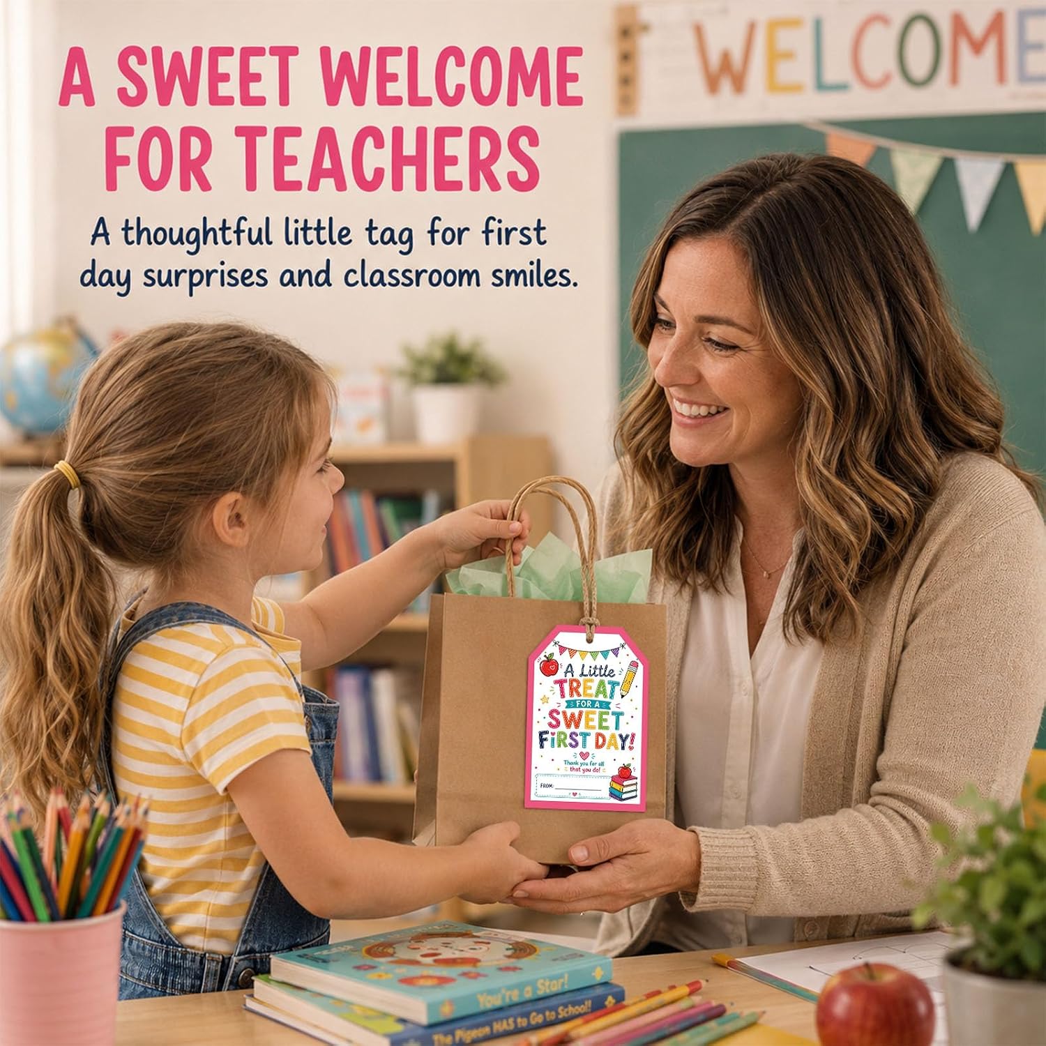 Back to School Gift Tags 50pcs with String, A Little Treat for a Sweet First Day Treat Bag Tags, First Day of School Classroom Favor Tags for Teachers, Students, Snack Bags, Candy Bags image 5
