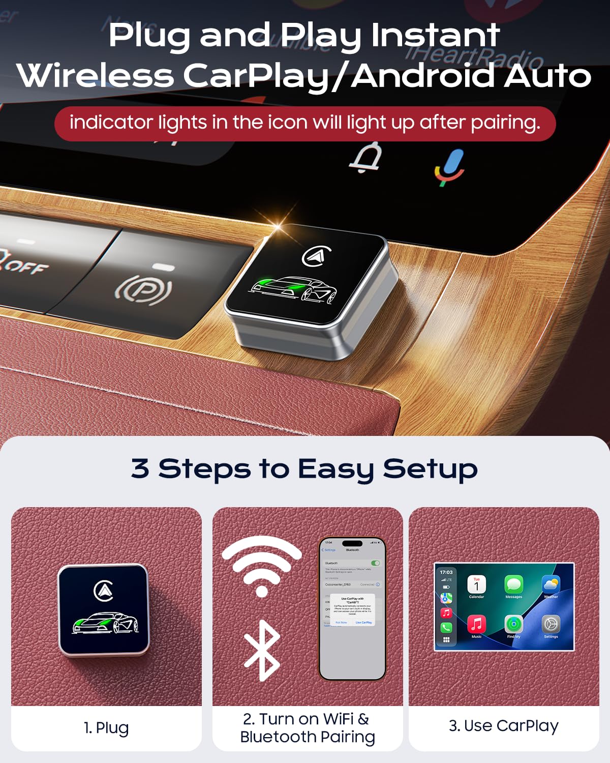 CarPlay Wireless Adapter, 2026 Upgrade entwickelt für CarPlay & Android Auto, Plug & Play, OTA-Update, Bluetooth 5.3 & Dual WiFi 6, schnell und stabil, Grau