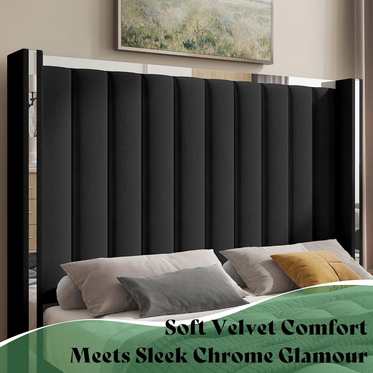 AMERLIFE 5-Piece Modern Bedroom Sets with Queen Size Upholstered Platform Bed Frame, 58" Wingback Headboard, Spacious 6-Drawer Dresser, Tall Chest, and 2 Coordinated Nightstands, Black and Grey
