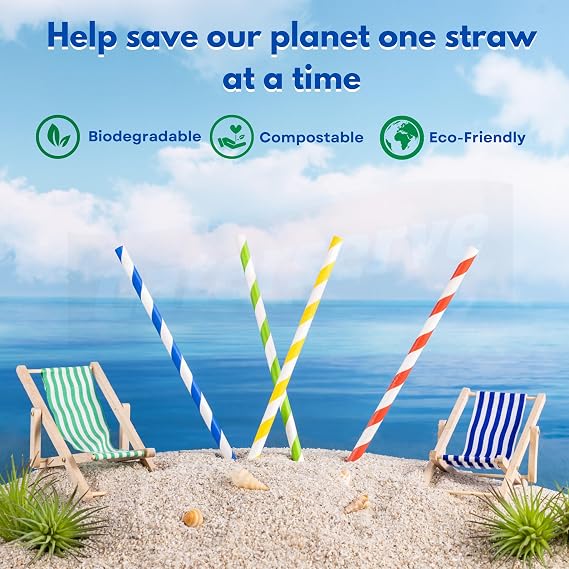 200 Paper Straws Multicolored - Eco-Friendly Alternative to Plastic Straws 100% Biodegradable and Compostable - Perfect for Drinking, Cocktails, and Parties Multicolour