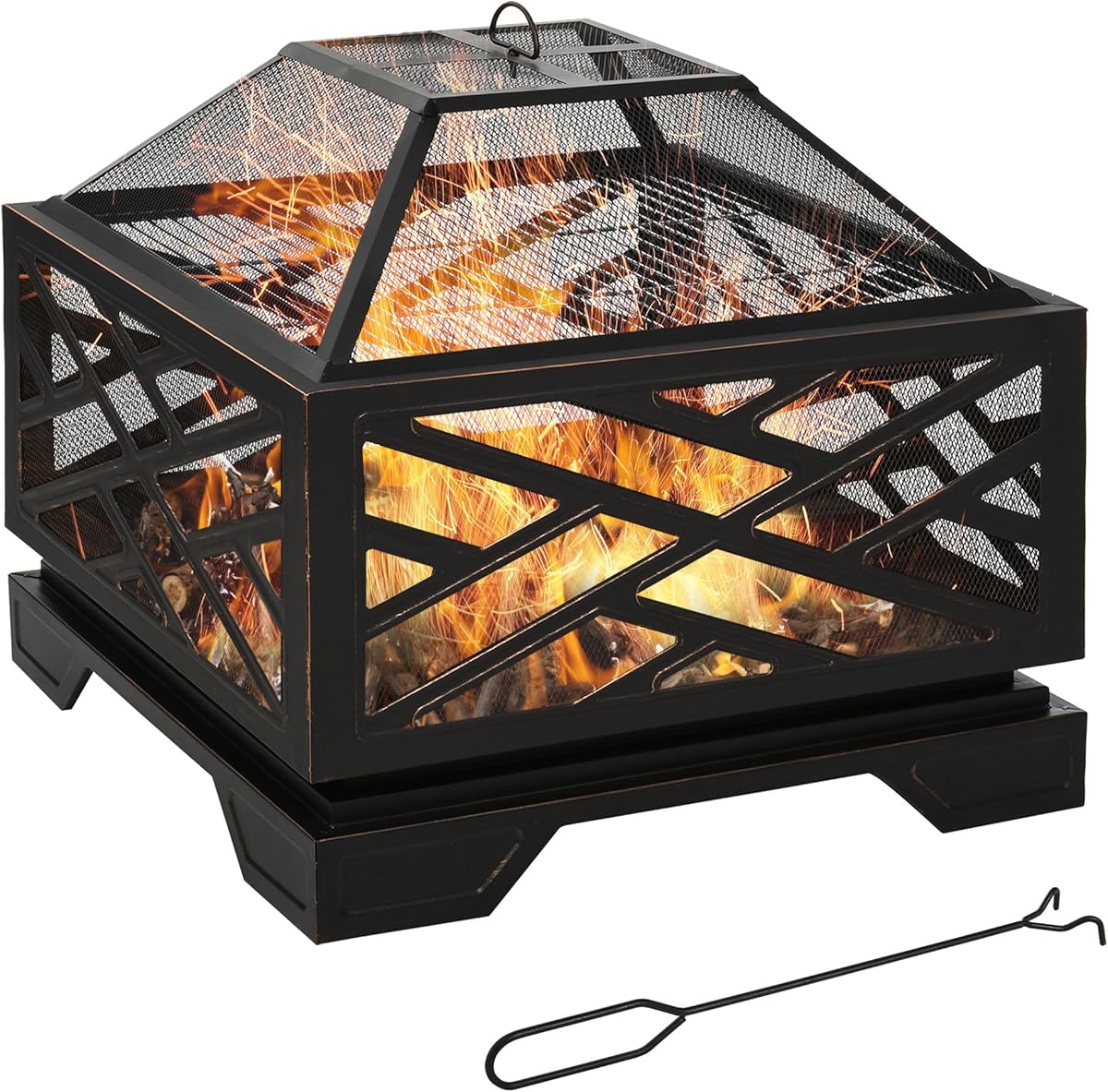 Outsunny Feuerschale mit Funkenschutz, Feuerkorb mit Grillrost, Schürhaken, 2-in-1 BBQ Grill, Feuerstelle für Garten, Balkon, Metall, Schwarz, 66 x 66 x 66 cm
